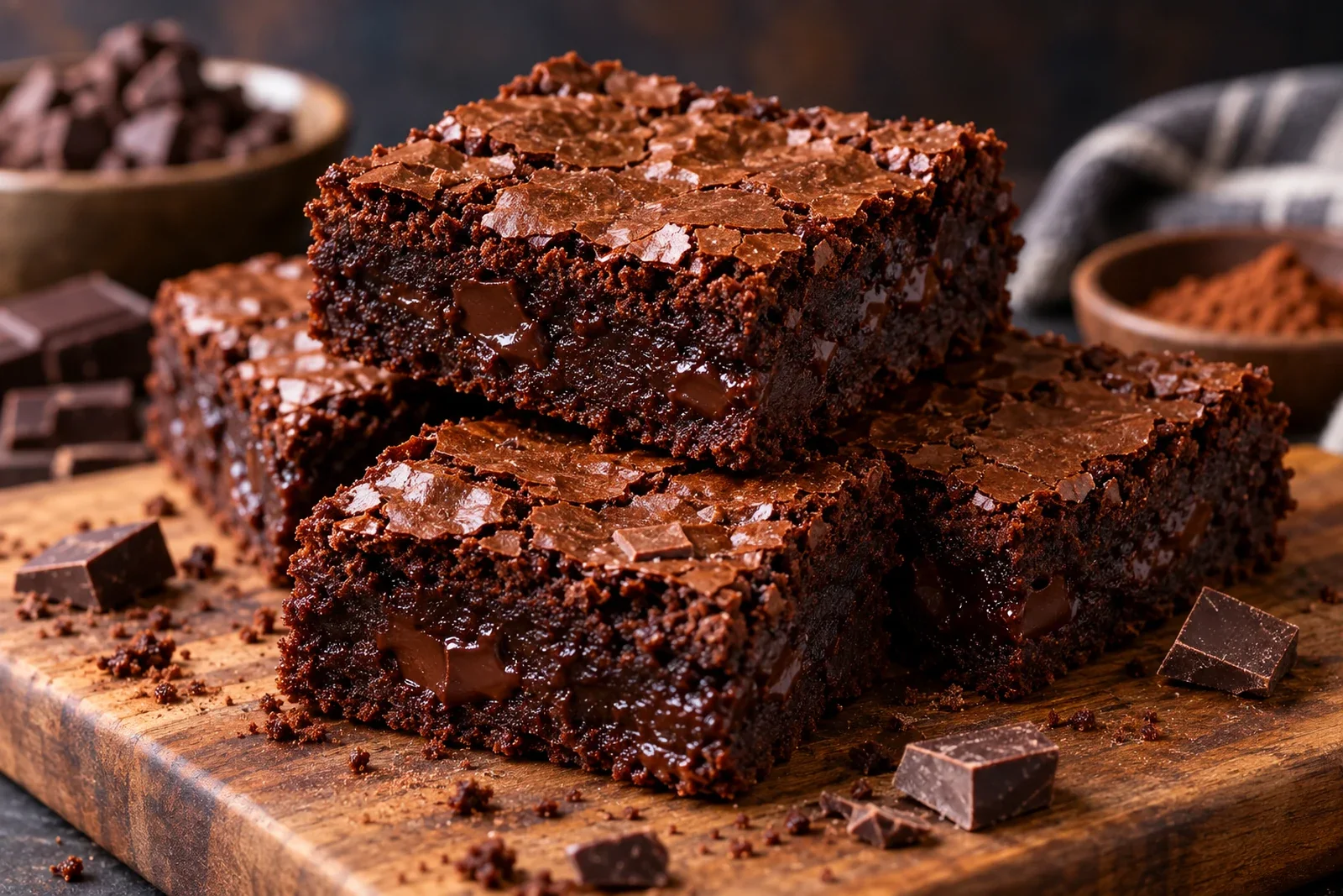 Stack of fudgy chocolate brownies with crackly tops and moist dense centers