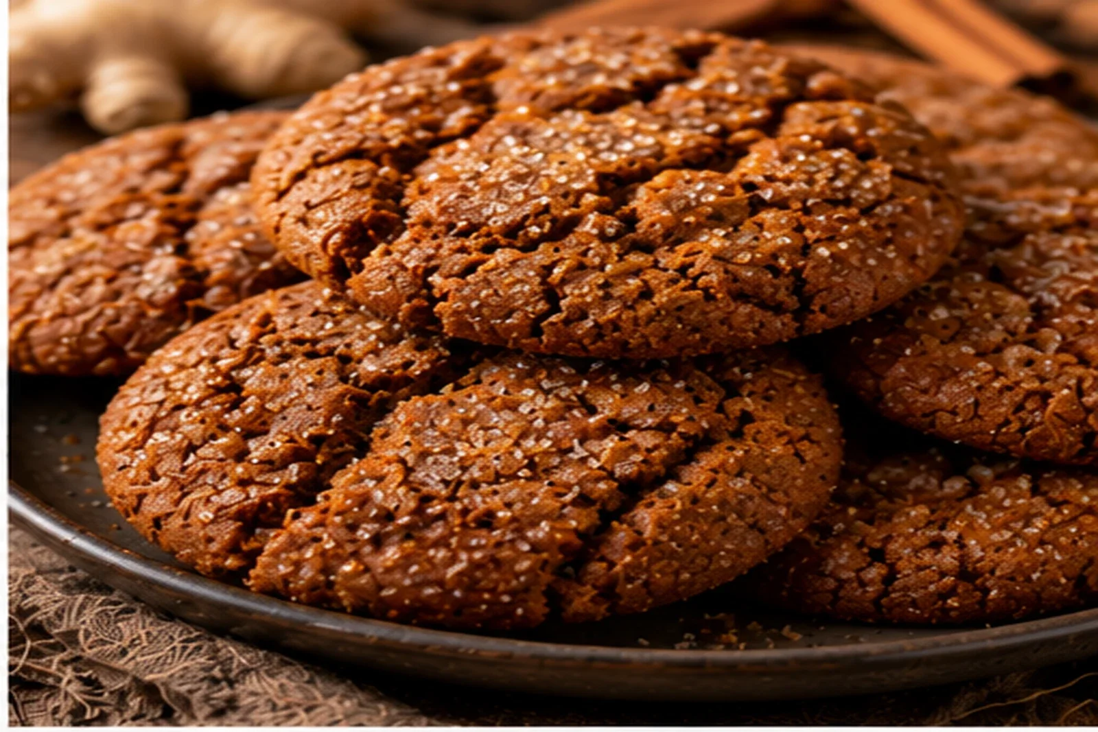 Dark crackled ginger molasses cookies rolled in sugar