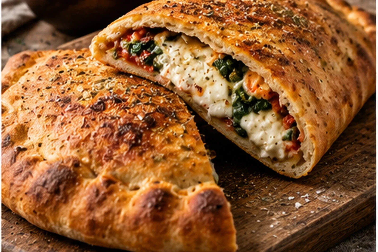 Golden baked calzone cut open to show ricotta, mozzarella and savory filling