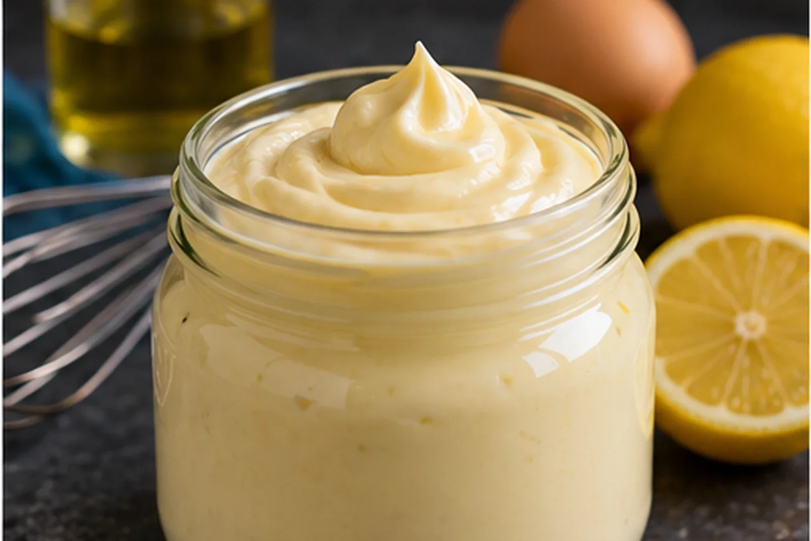Jar of thick smooth homemade mayonnaise beside lemon and egg