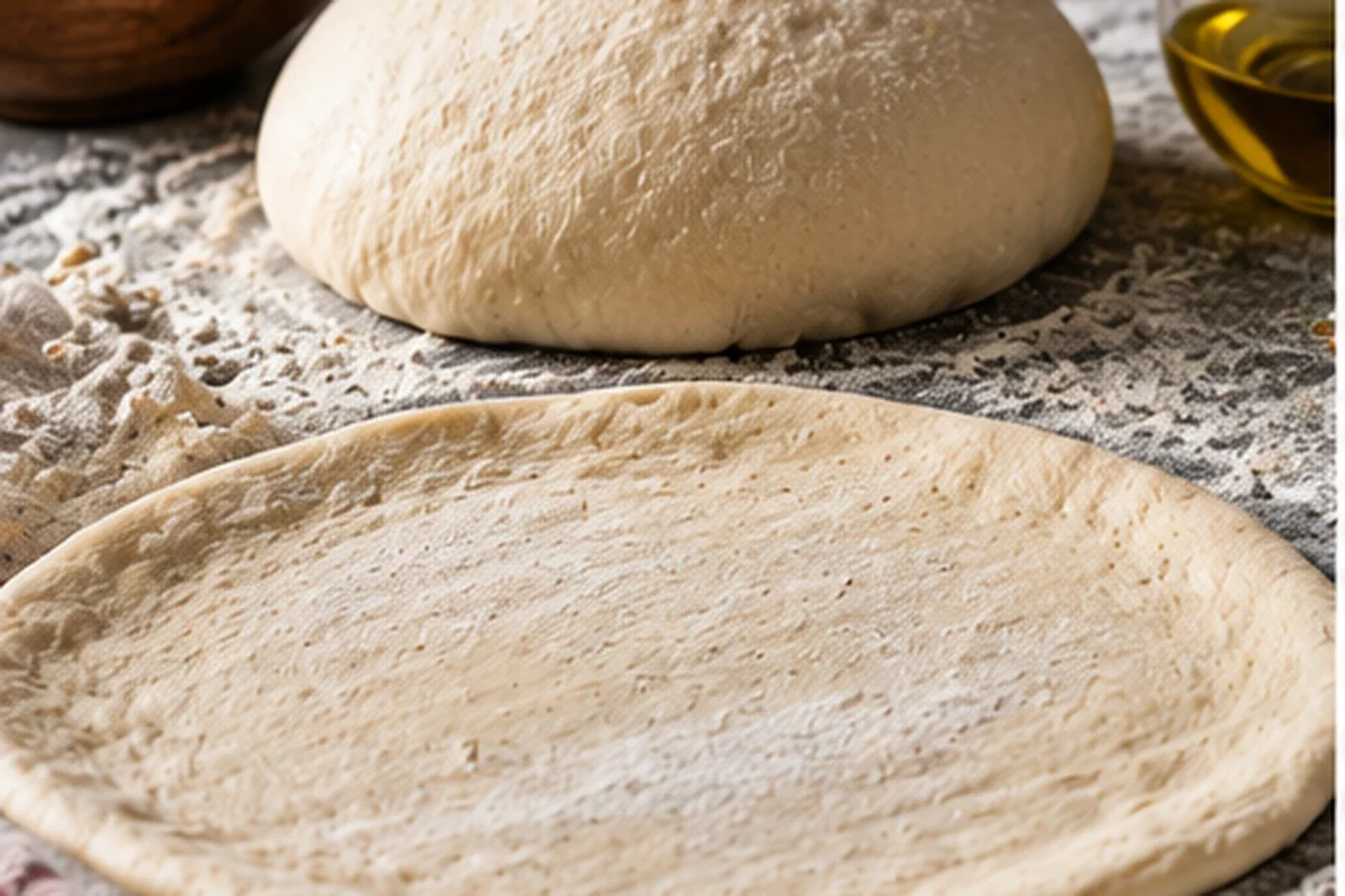 Smooth risen homemade pizza dough and a hand-stretched round on a lightly floured work surface