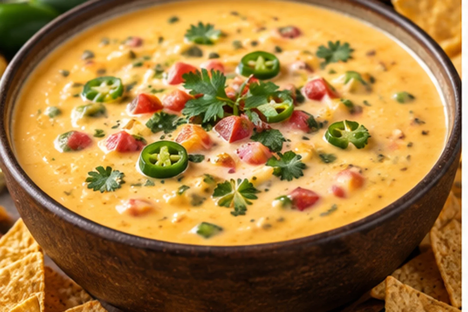 Smooth golden queso dip topped with jalapeño, tomato and cilantro with tortilla chips