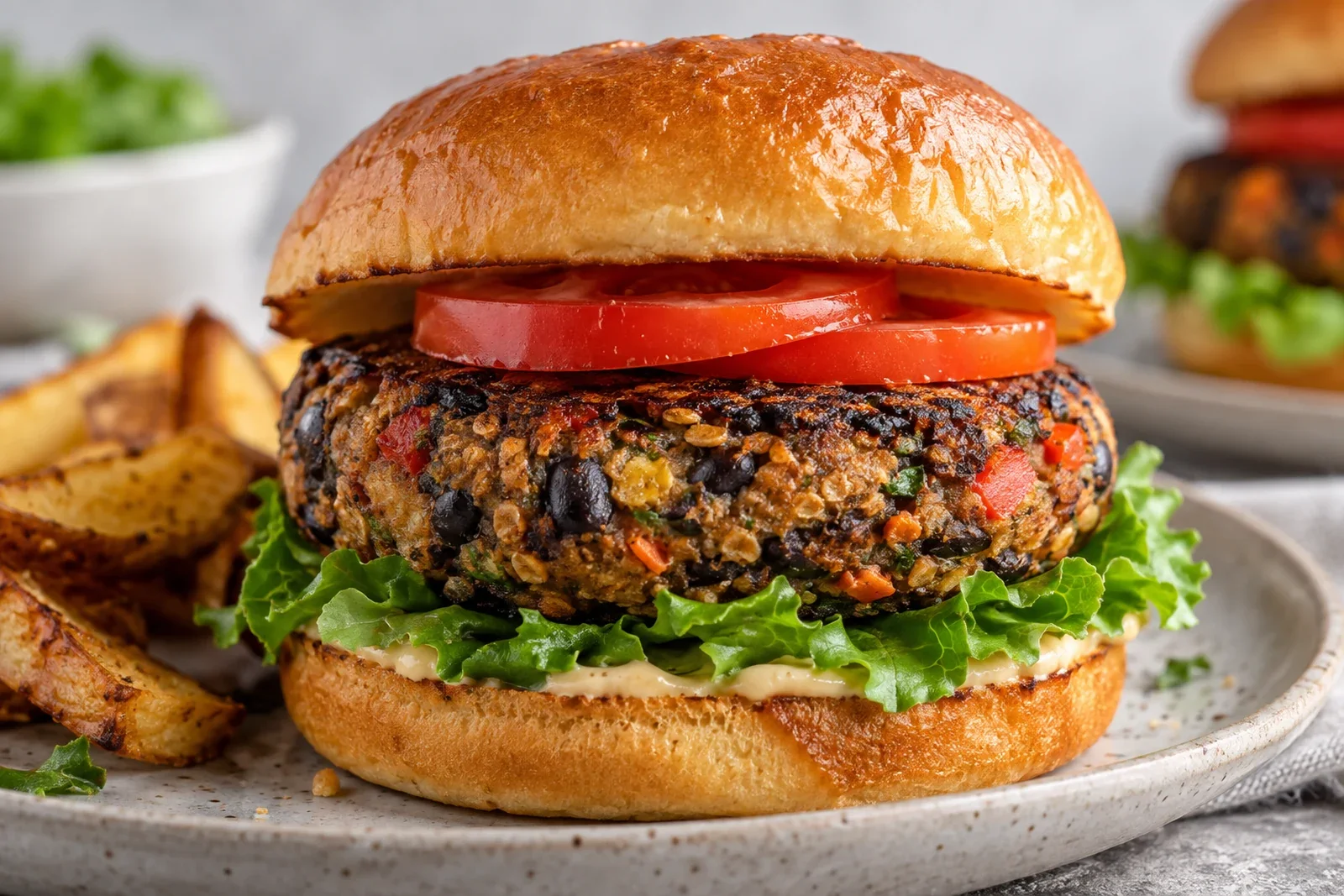 Thick homemade black bean veggie burger with crisp browned crust, visible bean and vegetable texture, lettuce and tomato on a toasted bun, editorial food photography