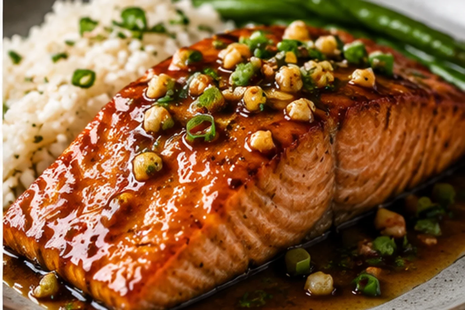Glossy honey garlic salmon with rice, greens and scallions