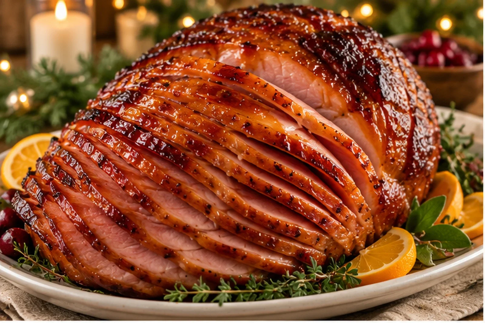Glossy honey-glazed spiral ham with caramelized edges, citrus and herbs