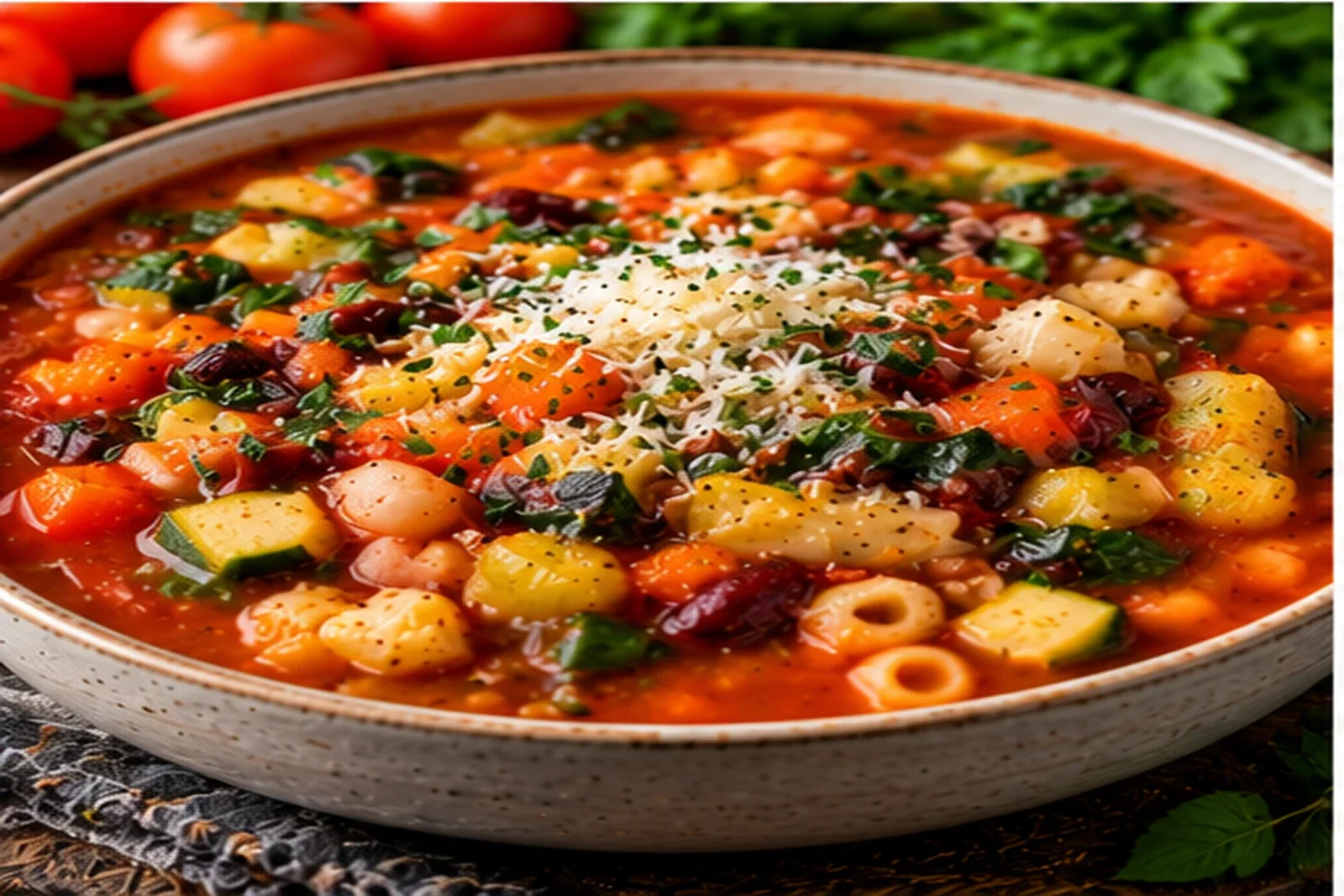 Italian white bean vegetable soup with tomatoes, beans, zucchini and small pasta