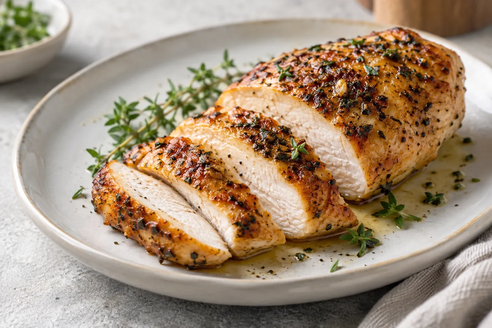 Sliced golden pan-seared chicken breast with a juicy interior and herbs