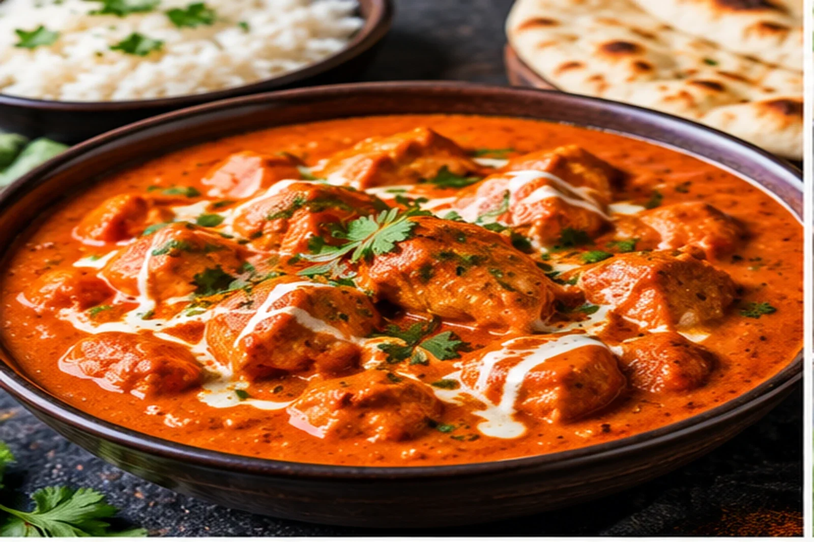 Rich lamb curry with tender meat, glossy spiced sauce, cilantro, rice and naan