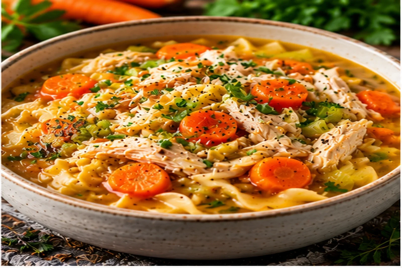 Lemon chicken orzo soup with shredded chicken, carrots, herbs and tender orzo