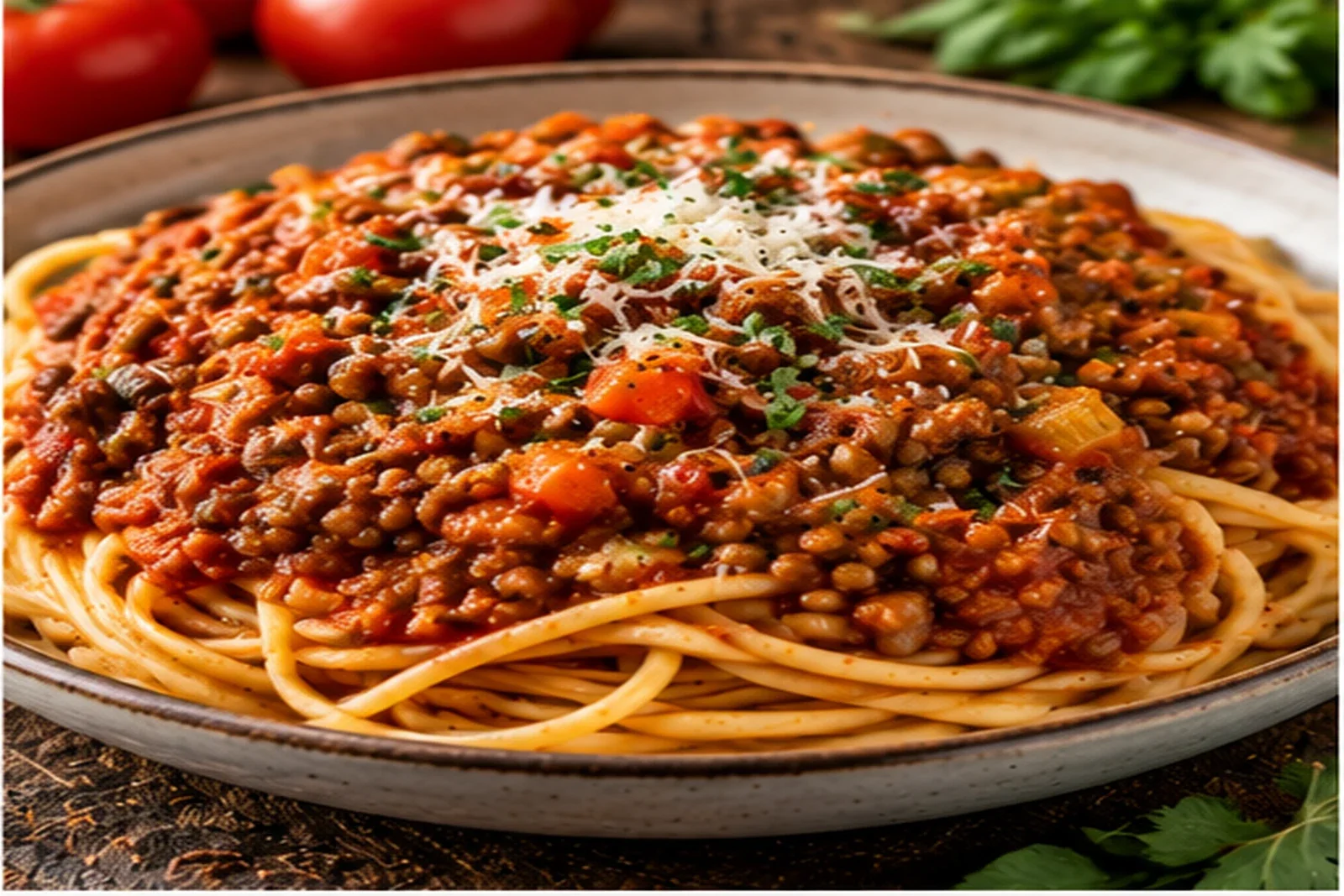 Tomato lentil Bolognese over spaghetti with herbs and grated cheese