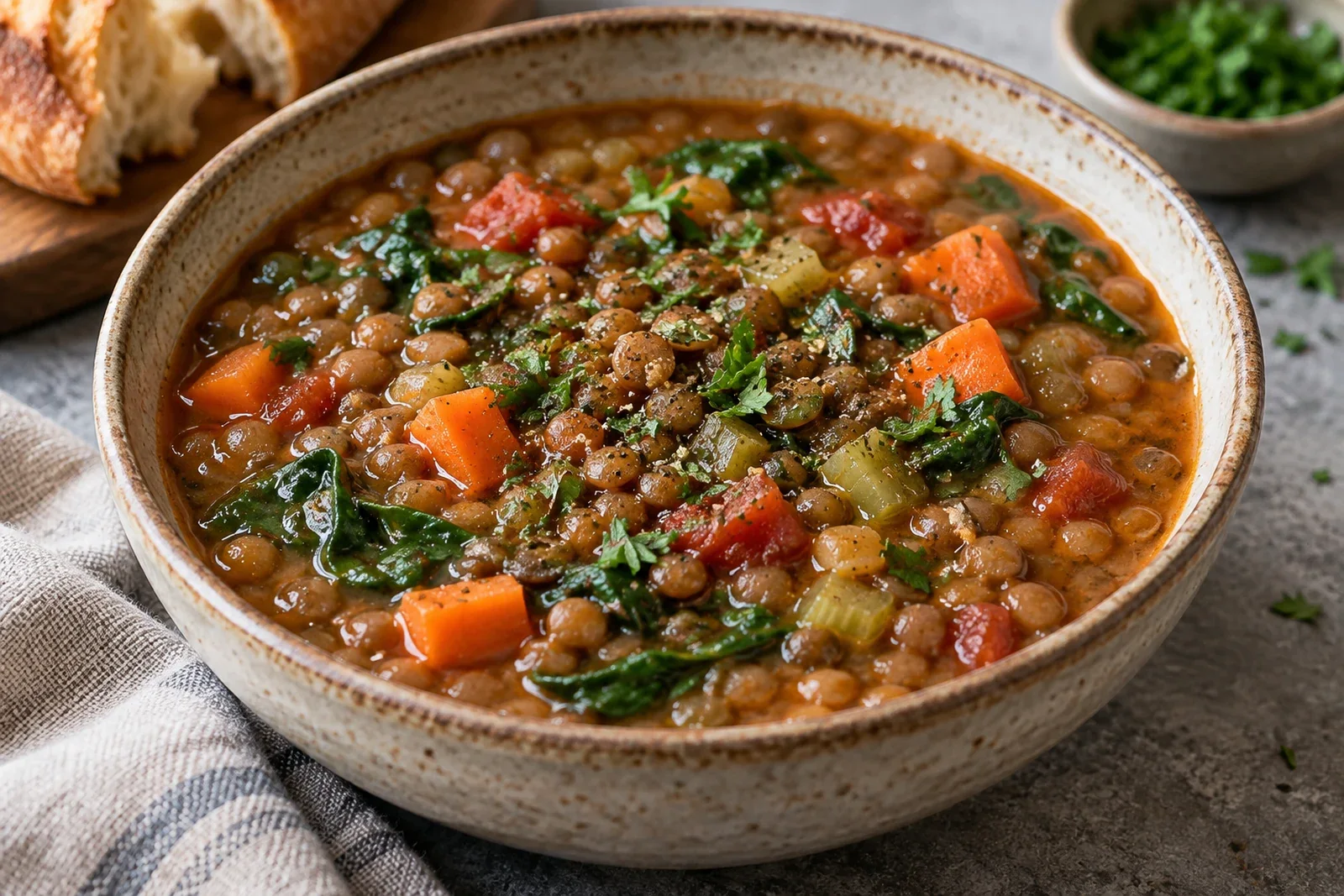 Rustic bowl of brown lentil soup with intact lentils, carrots, celery, tomato and spinach, garnished lightly with herbs, editorial food photography