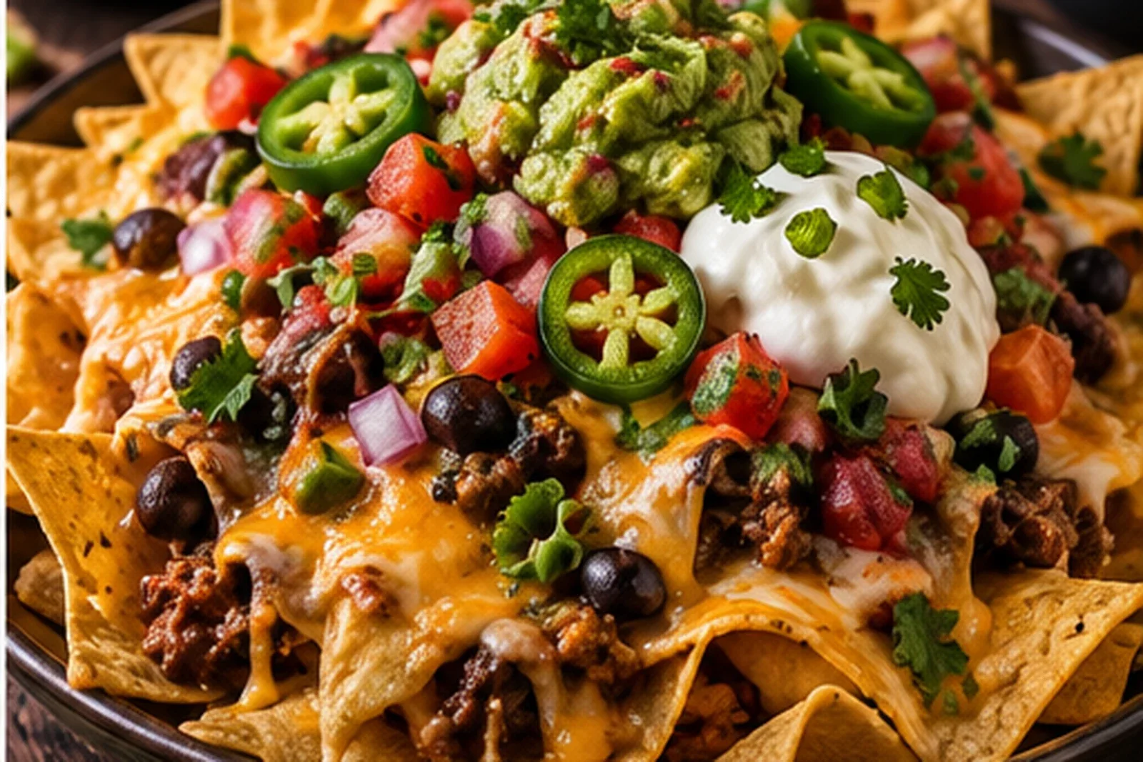 Loaded tortilla chips with beef, beans, melted cheese, avocado, jalapeño, tomato and sour cream