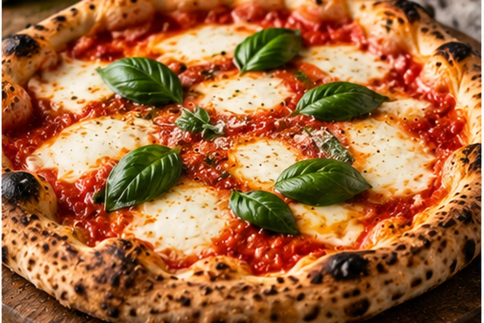 Margherita pizza with tomato, melted fresh mozzarella, basil and a blistered golden crust