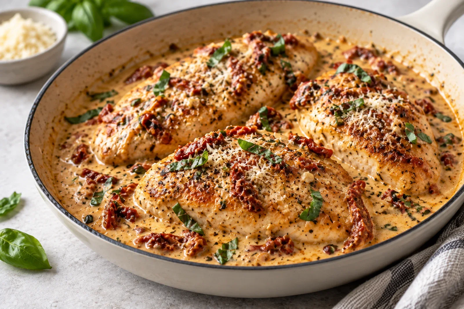 Marry Me chicken breasts in creamy sun-dried tomato Parmesan sauce