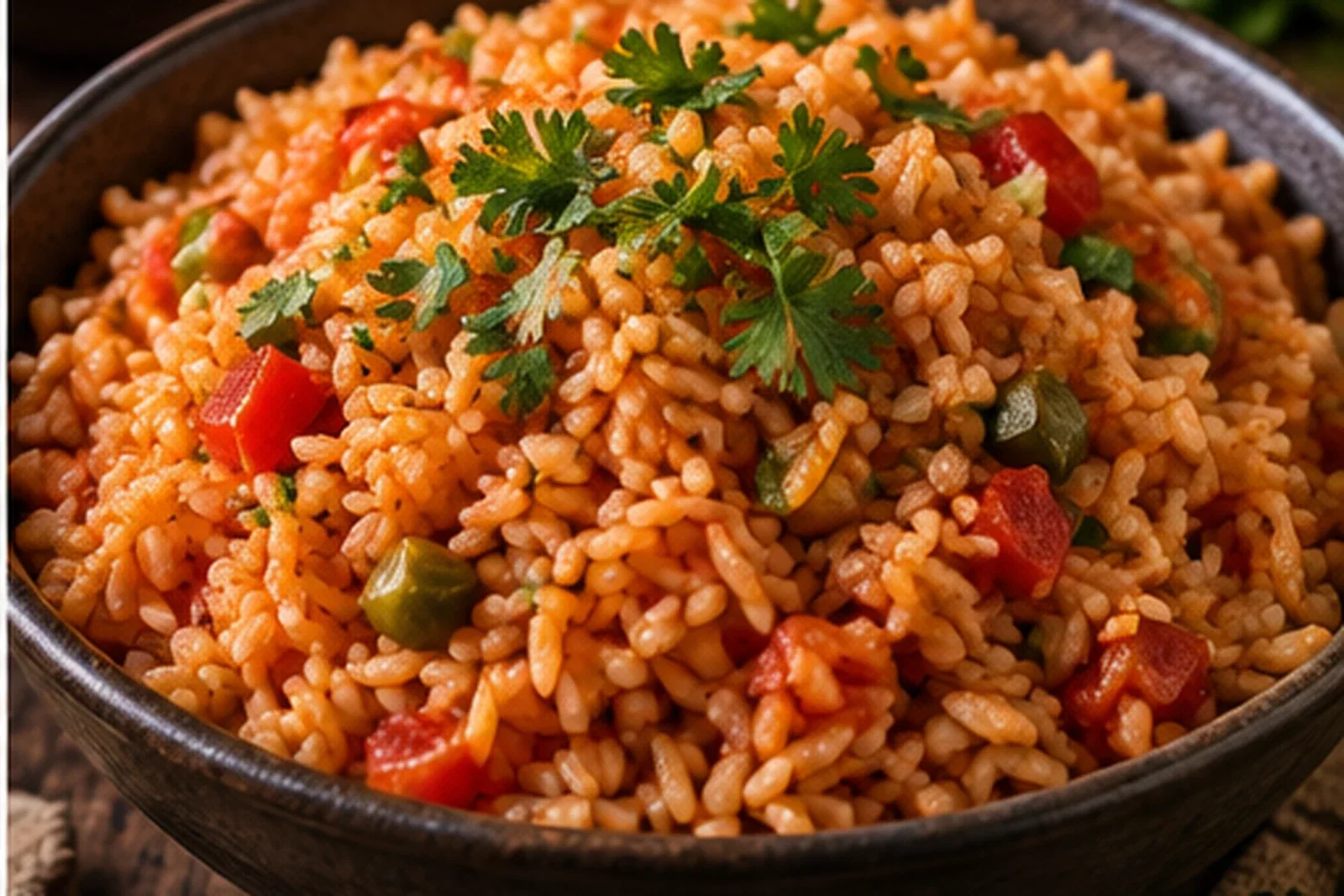 Fluffy tomato-seasoned Mexican rice with vegetables and fresh cilantro