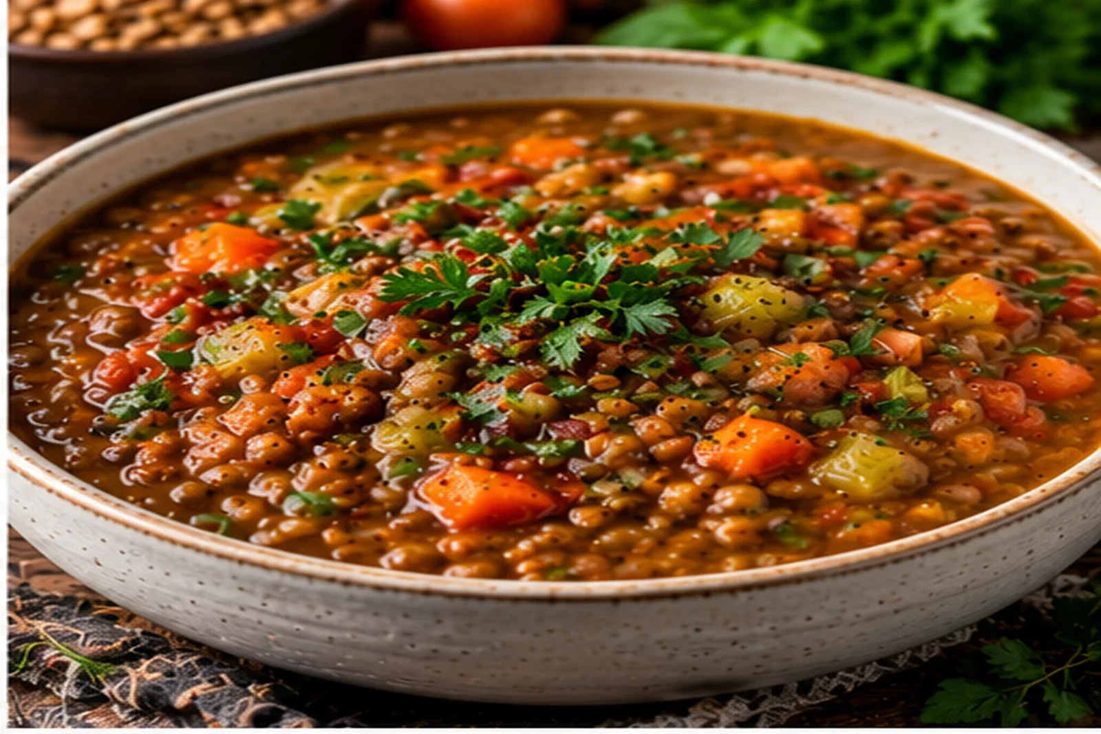 Moroccan-inspired lentil soup with carrots, celery, tomato and fresh herbs