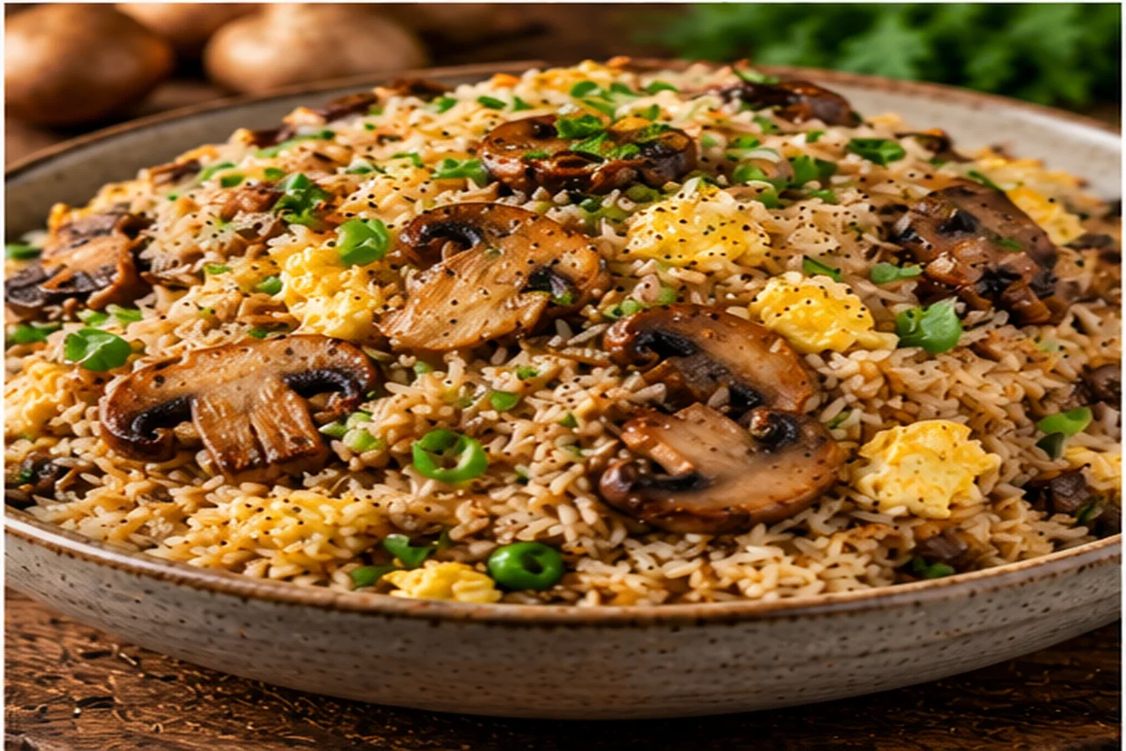 Mushroom fried rice with browned mushrooms, egg and scallions