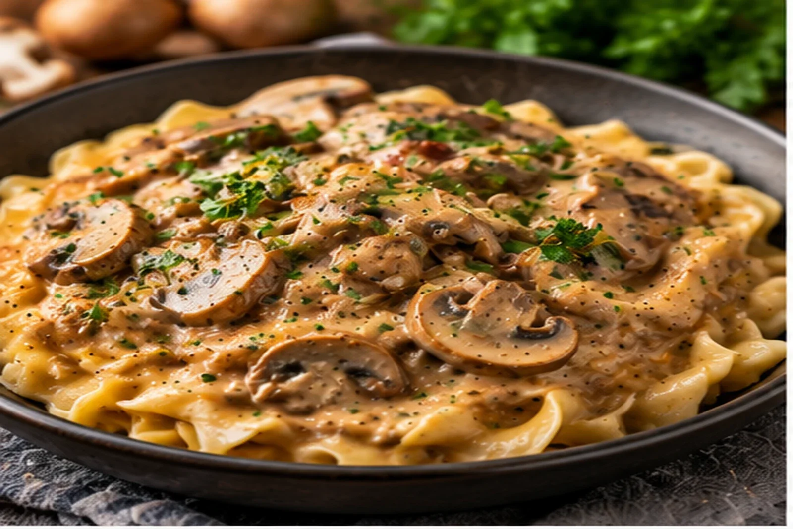 Creamy mushroom stroganoff with browned mushrooms, noodles and parsley