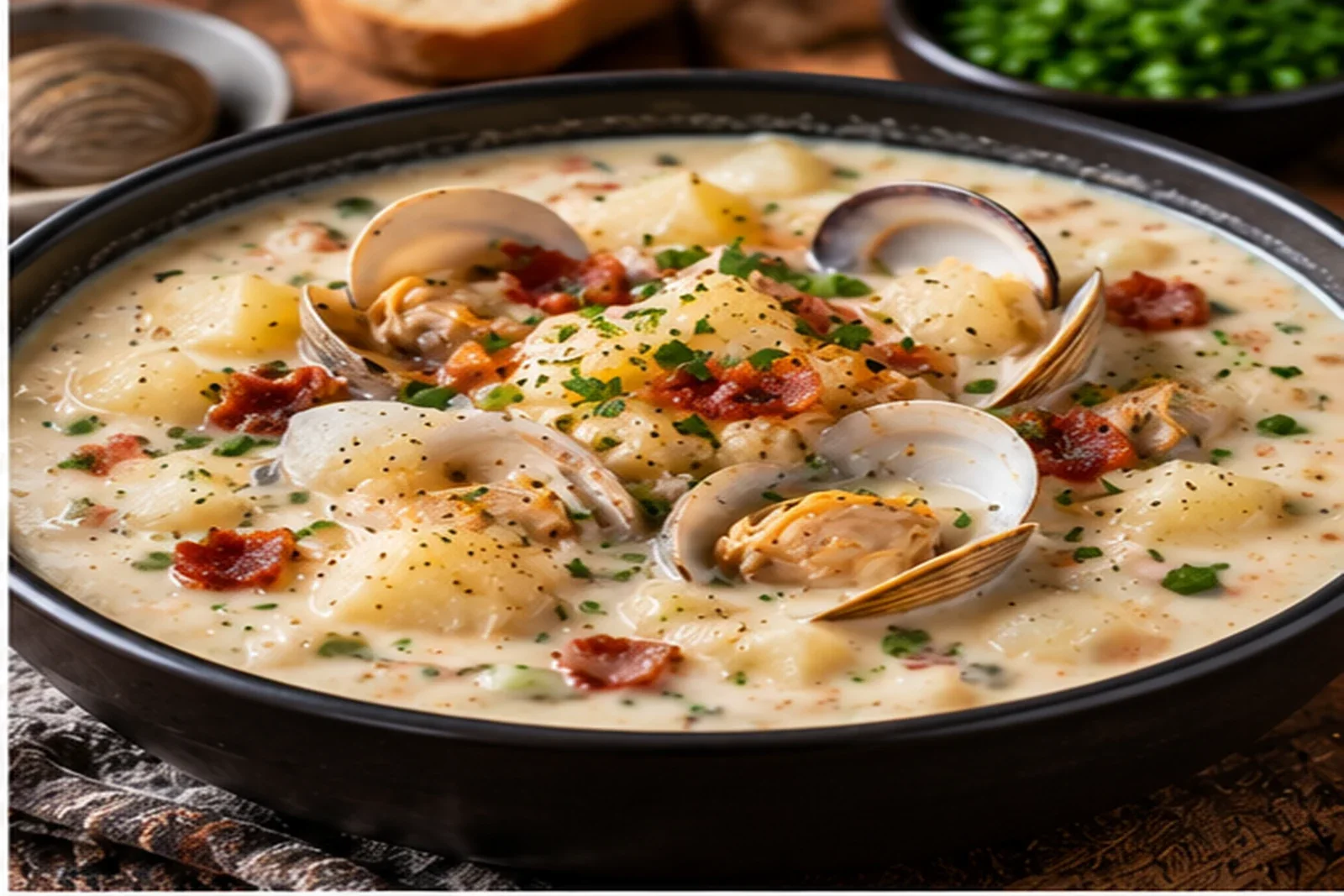 Creamy New England clam chowder with clams, potatoes, bacon and herbs