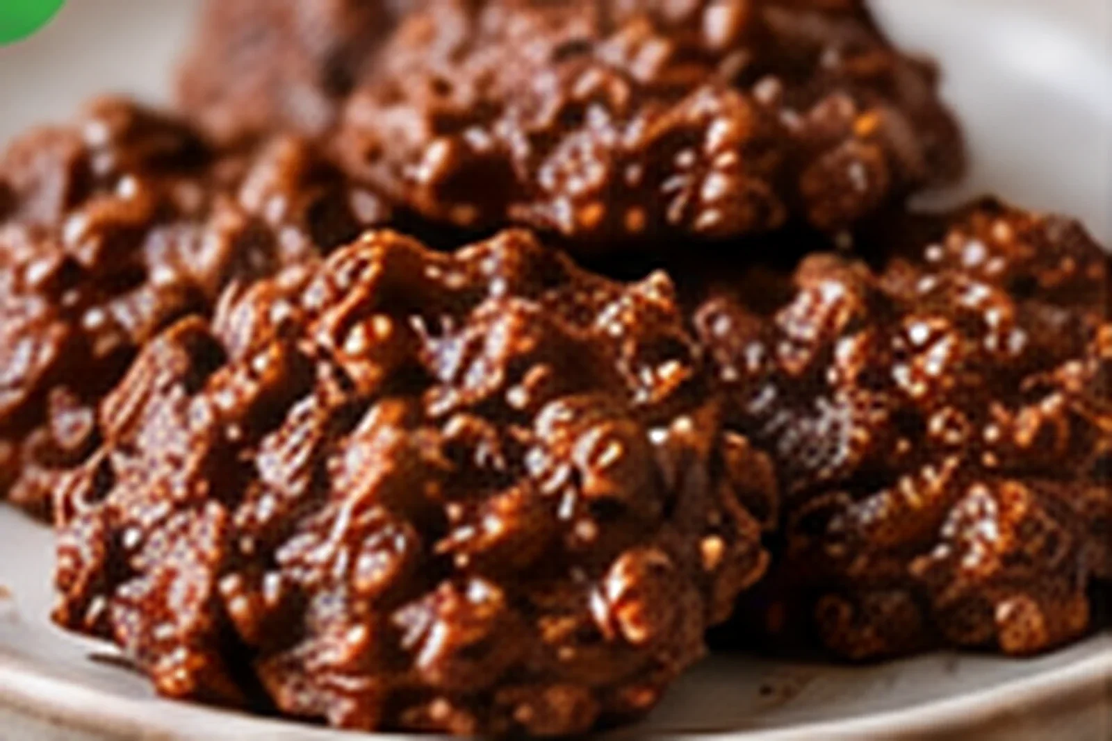 Photorealistic chocolate peanut butter no-bake oat cookies stacked on a plate with glossy textured oats