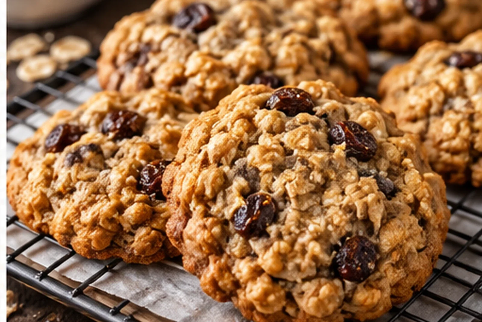 Chewy golden oatmeal raisin cookies with visible oats and plump raisins on a cooling rack