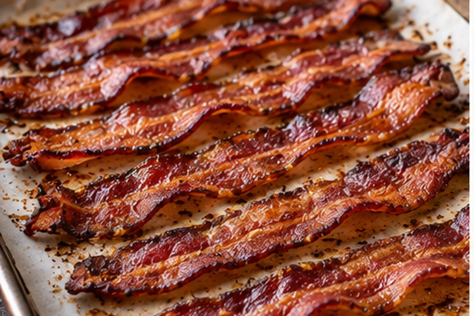 Crisp oven-baked bacon strips arranged on a parchment-lined sheet pan