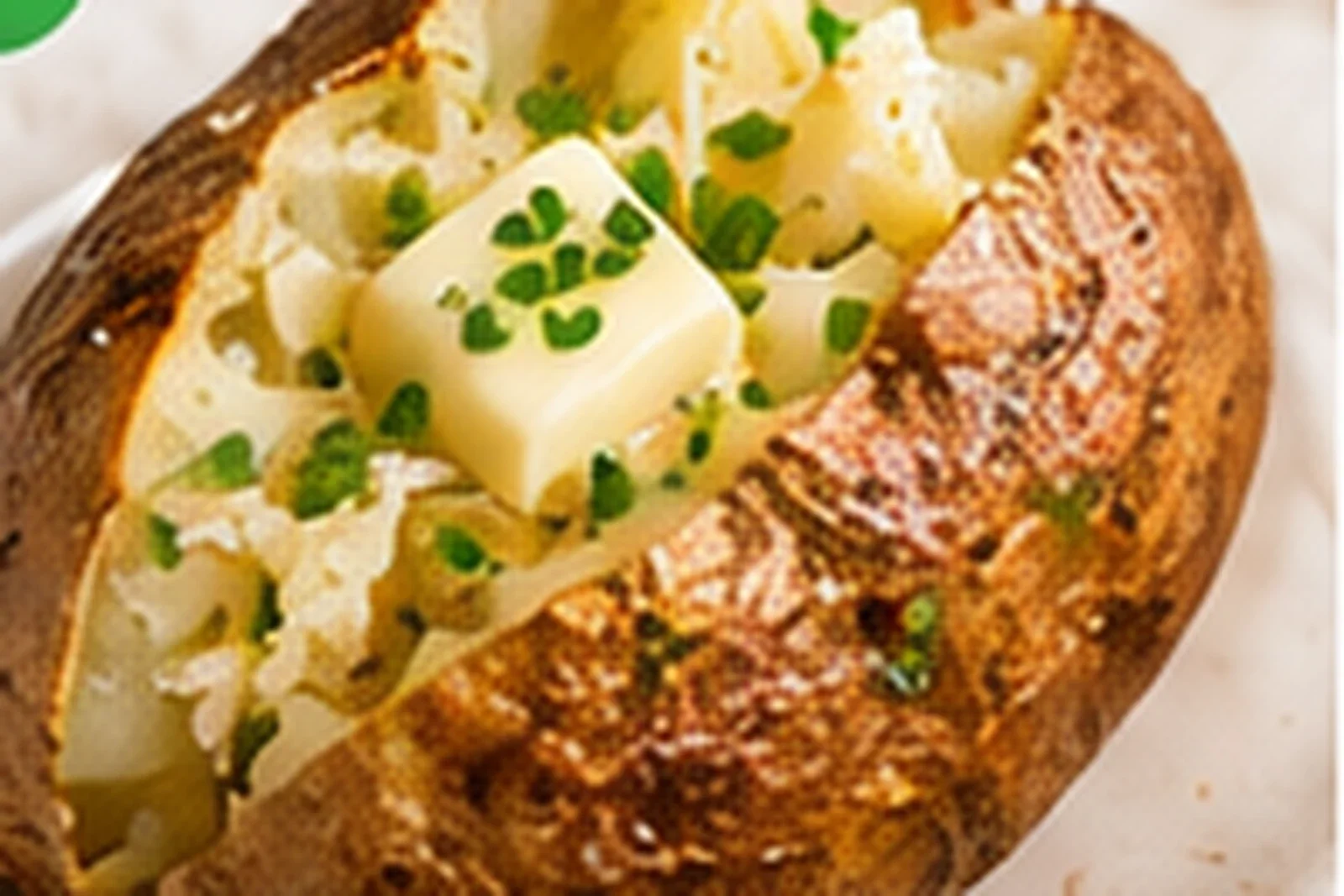 Photorealistic oven-baked russet potato with crisp skin, fluffy split center, butter and chives