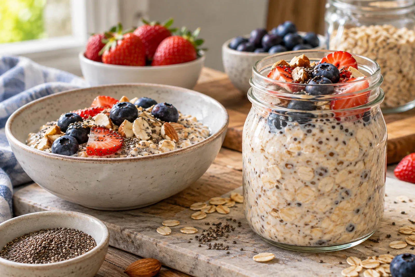 Creamy overnight oats with rolled oats, chia seeds, strawberries, blueberries and nuts
