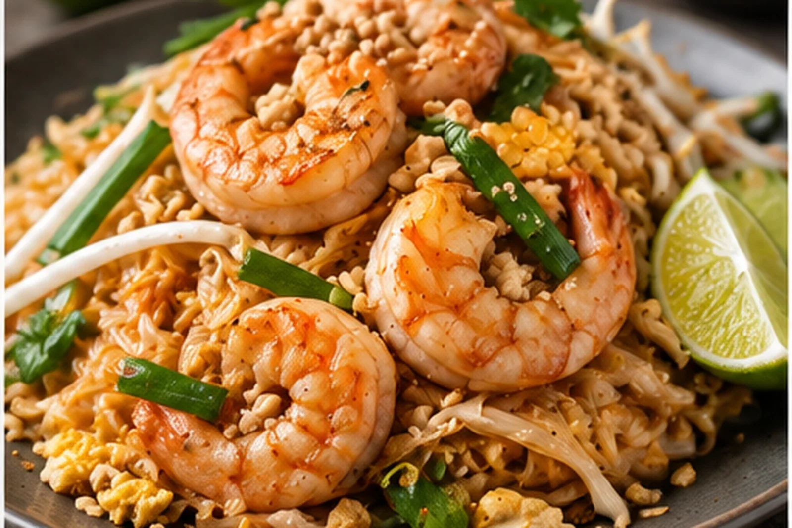 Pad Thai with shrimp, rice noodles, bean sprouts, scallions, peanuts and lime