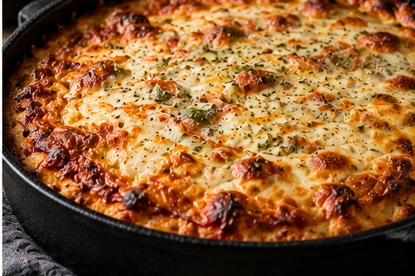 Thick pan pizza baked in a dark skillet with deeply browned edges and bubbling cheese