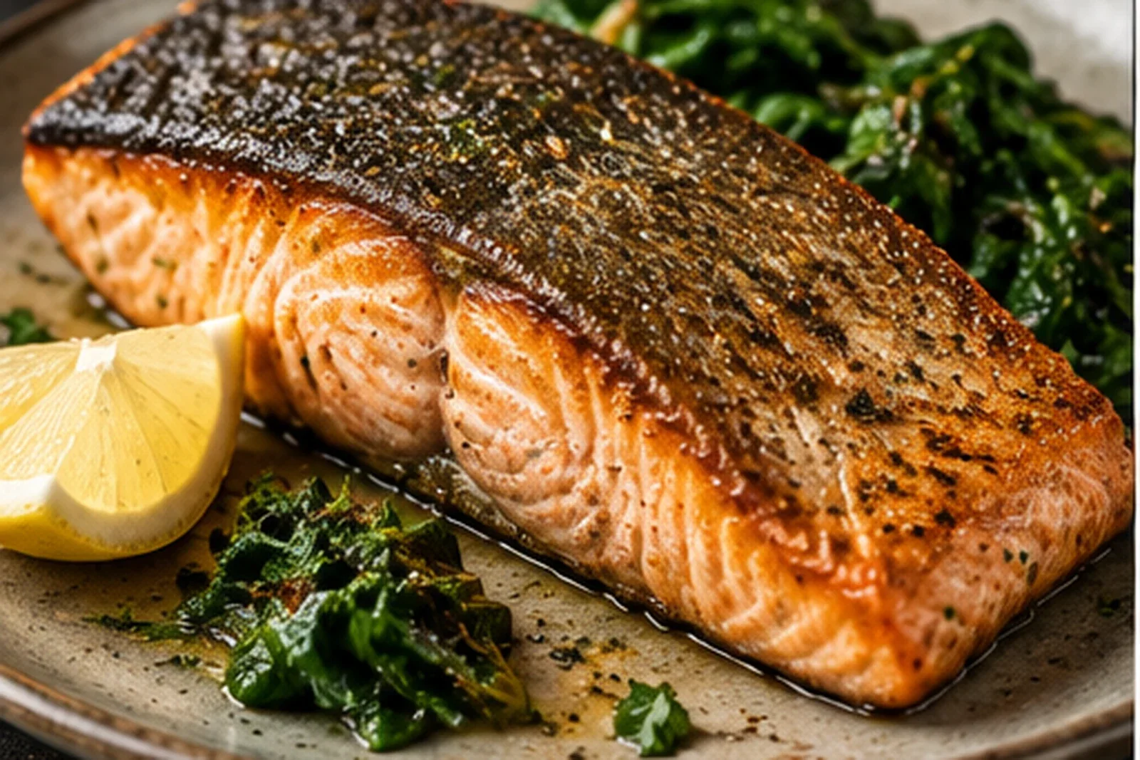 Pan-seared salmon with crisp browned skin, wilted greens and lemon