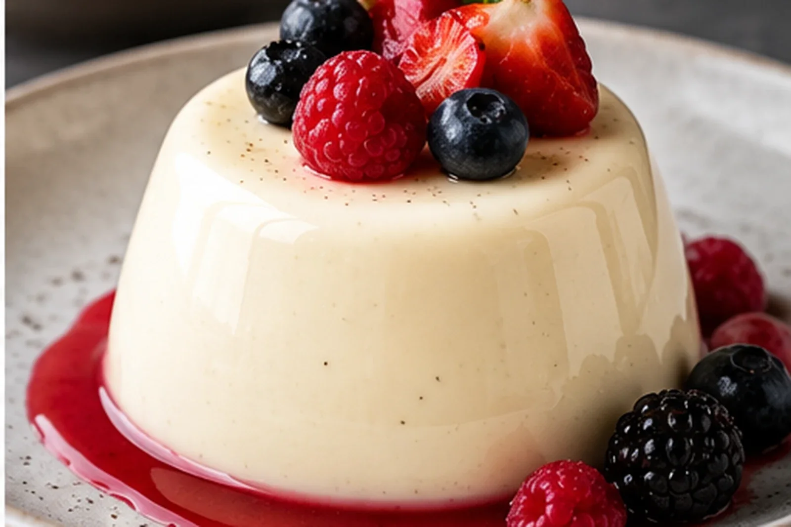 Vanilla panna cotta with berry sauce and fresh berries