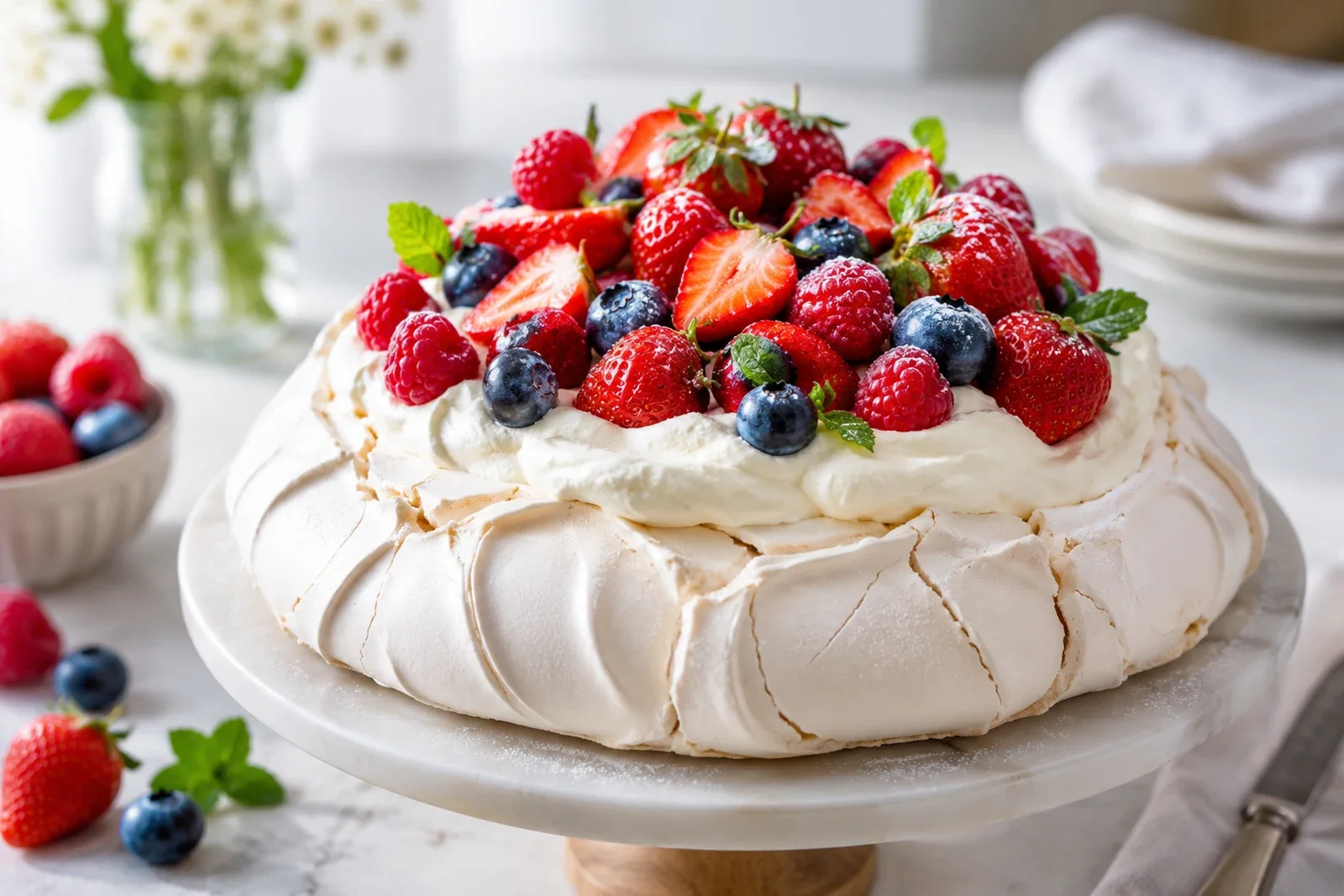 Berry-topped pavlova with crisp white meringue shell, whipped cream and fresh fruit