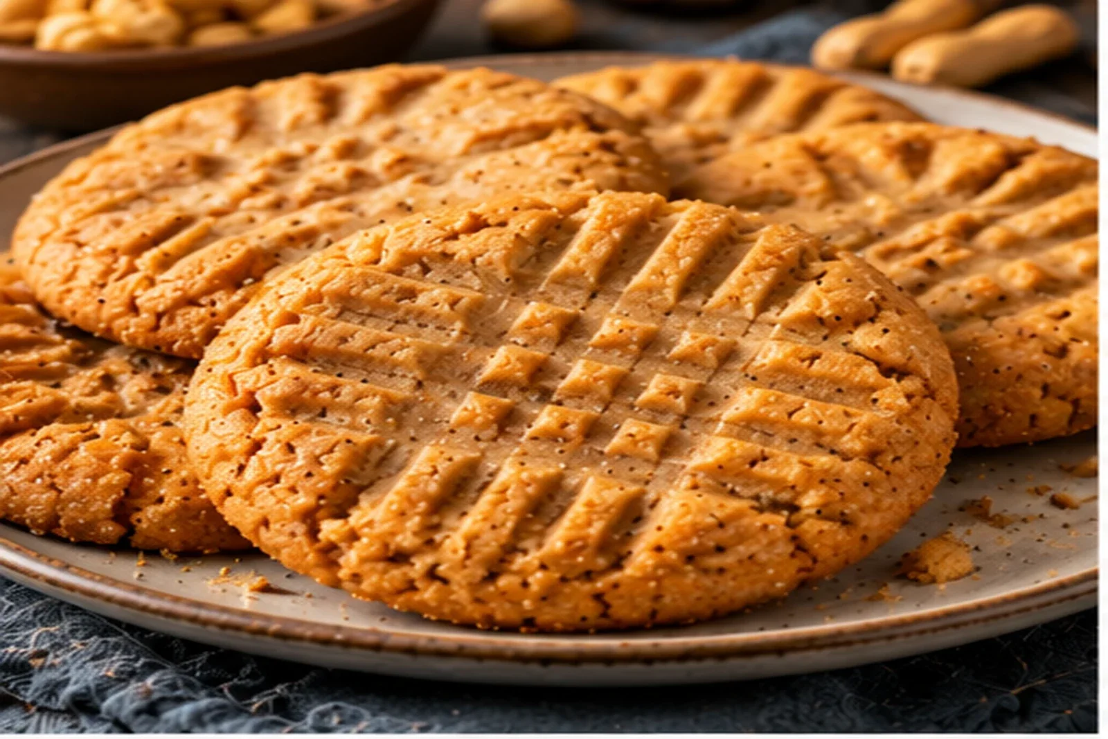 Fork-marked golden peanut butter cookies