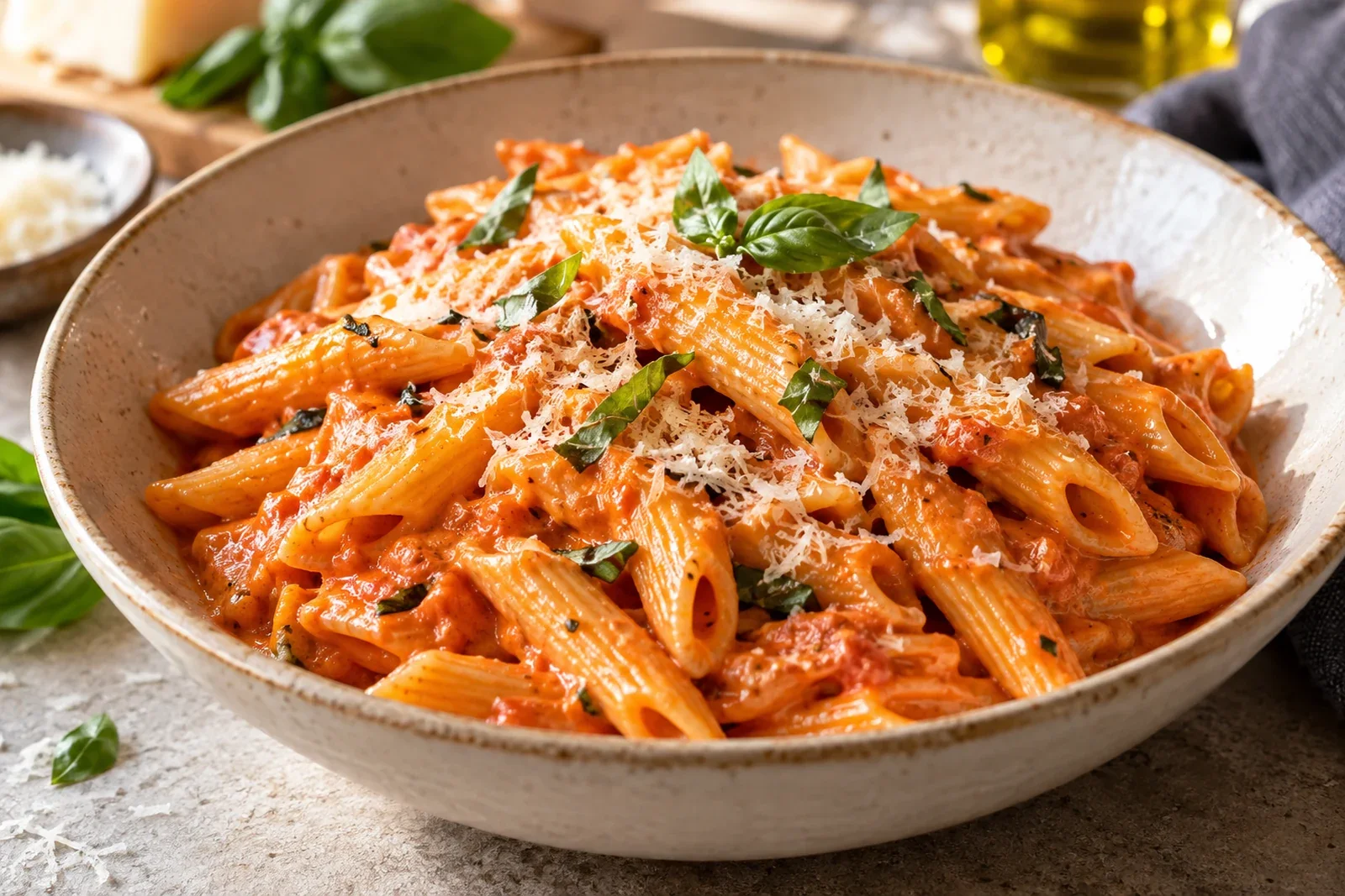 Silky penne coated in orange-pink vodka tomato cream sauce with Parmesan and basil