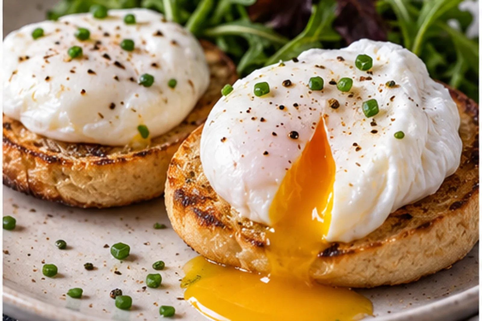 Poached eggs on toast with set whites, runny yolks, greens and chives
