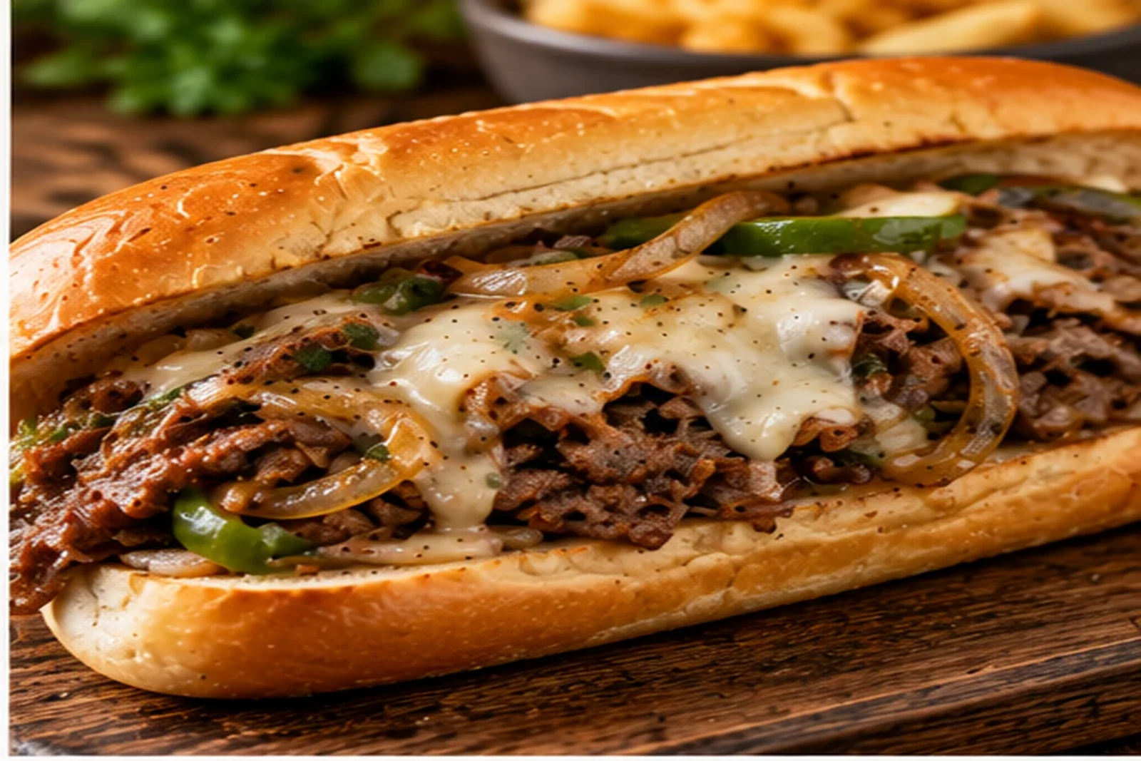 Philly cheesesteak with thin beef, onions, peppers and melted cheese on a hoagie roll