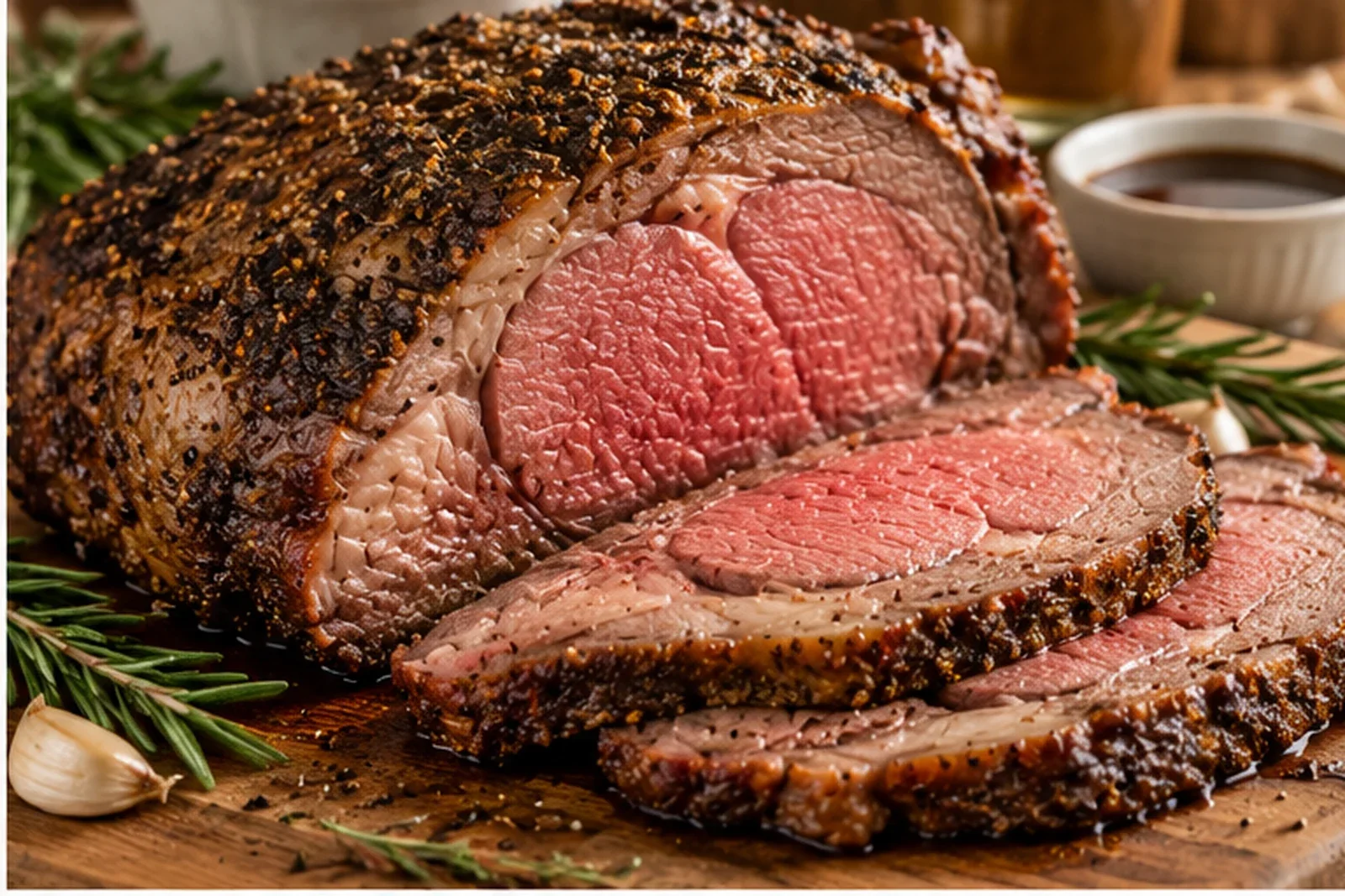 Herb-crusted prime rib roast sliced to show a juicy rosy center