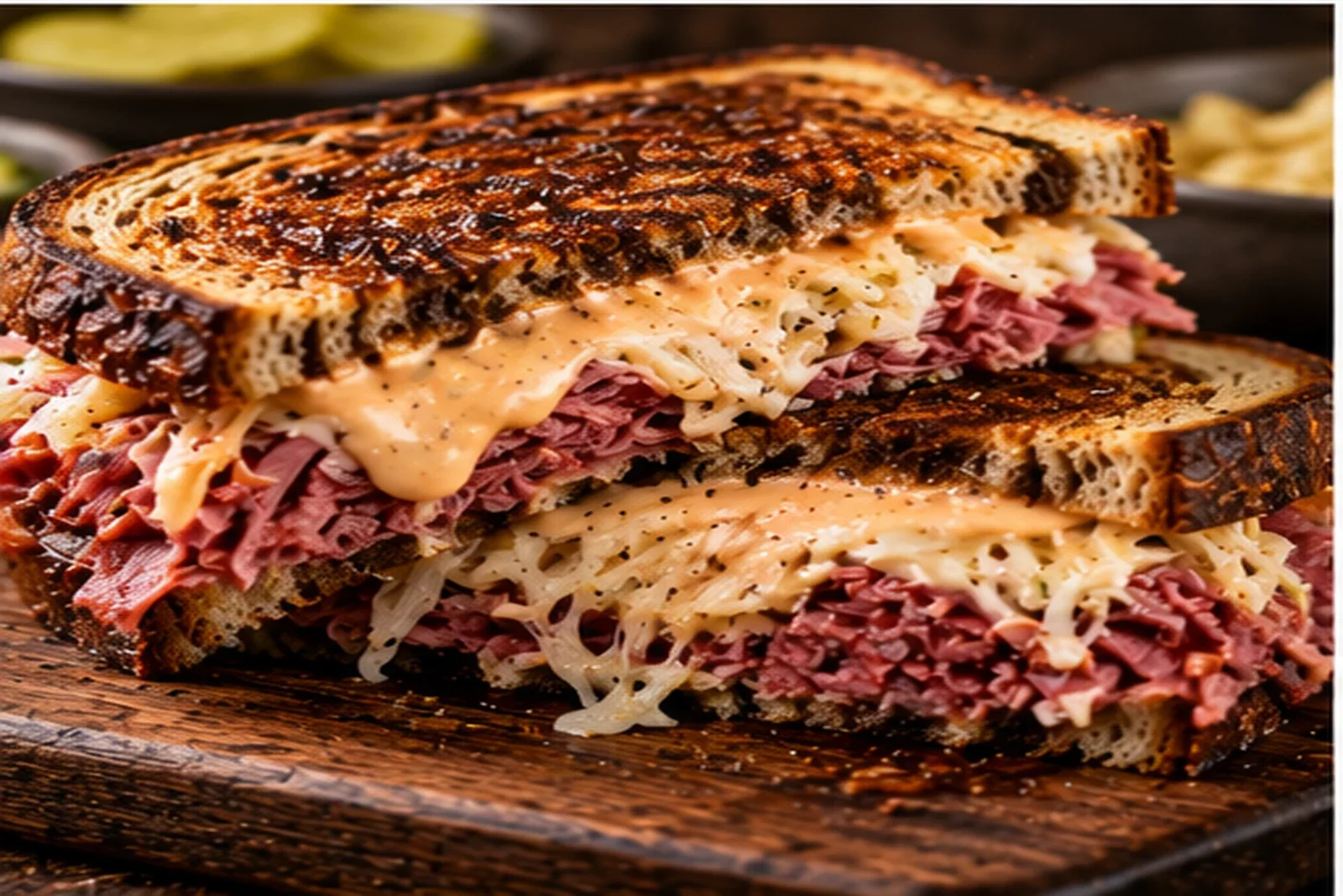 Griddled Reuben sandwich with corned beef, Swiss cheese, sauerkraut and Russian dressing