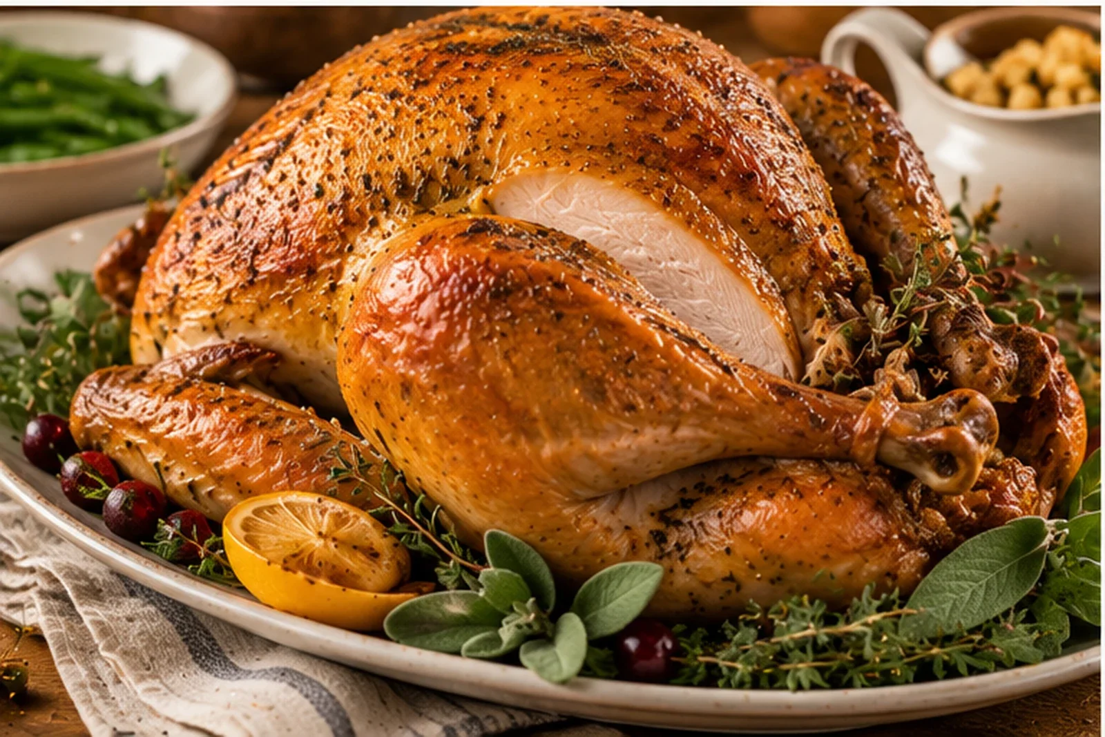 Golden whole roast turkey with herbs and seasonal garnishes