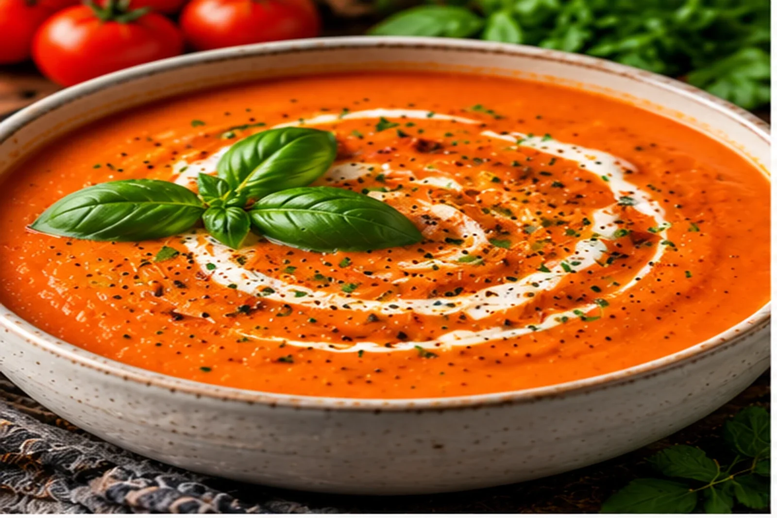 Smooth roasted red pepper tomato soup with basil and a cream swirl