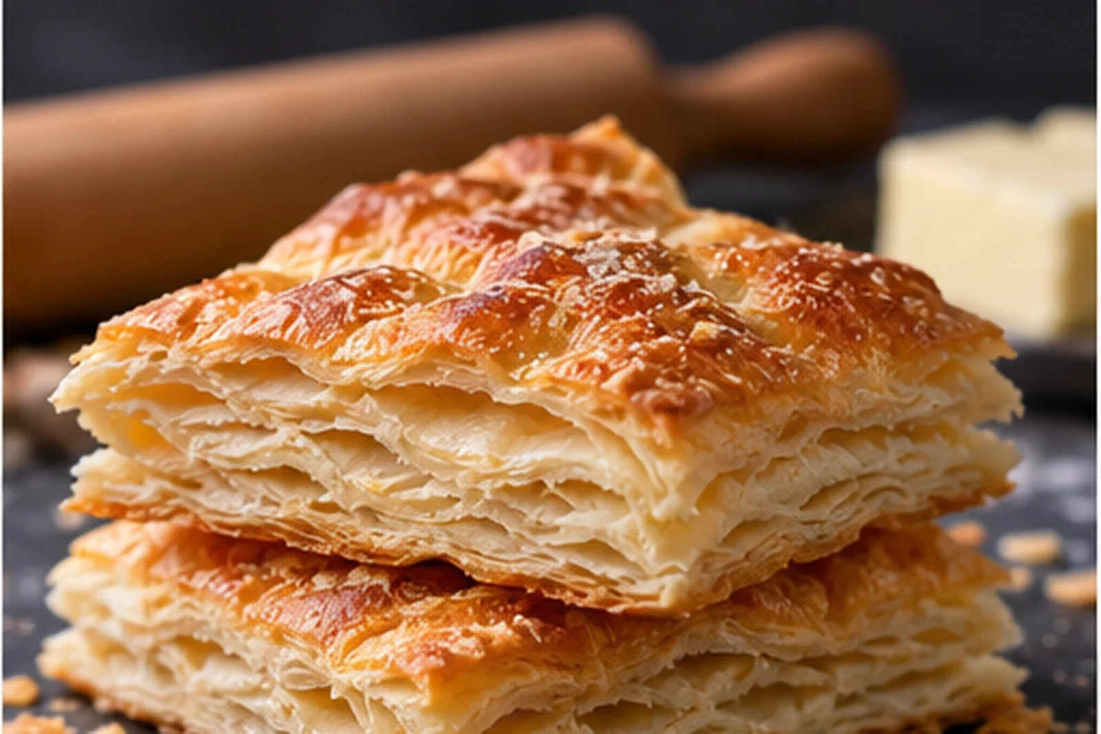 Golden rough puff pastry showing crisp flaky laminated layers