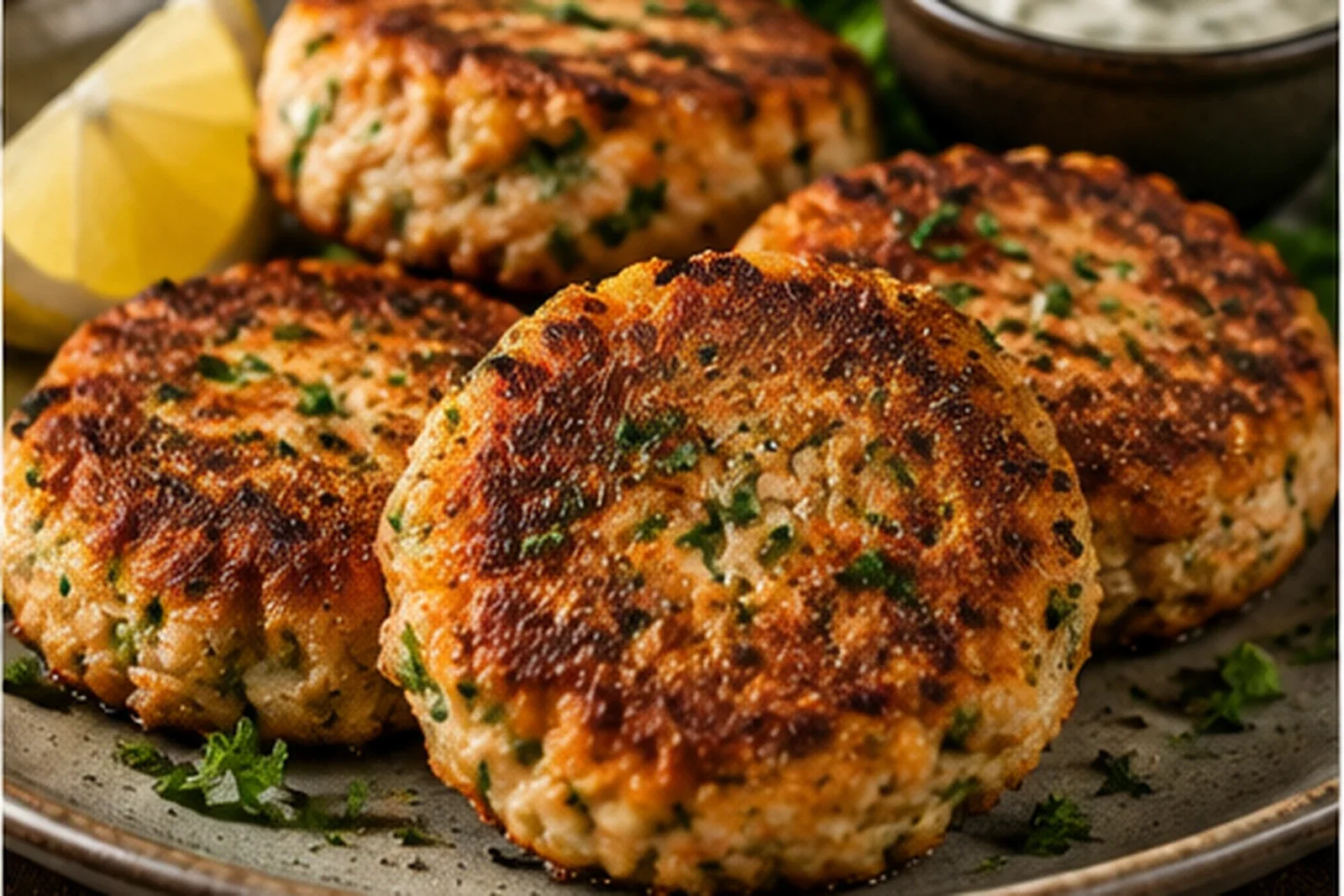 Golden pan-seared salmon patties with herbs, lemon and a creamy dipping sauce