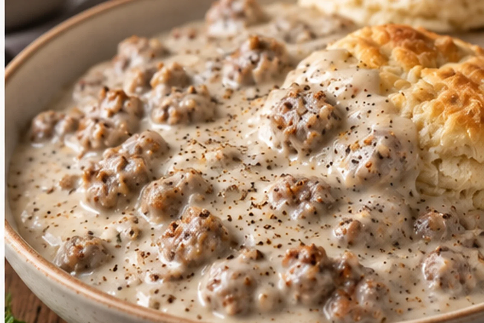 Creamy sausage gravy with black pepper served beside flaky biscuits