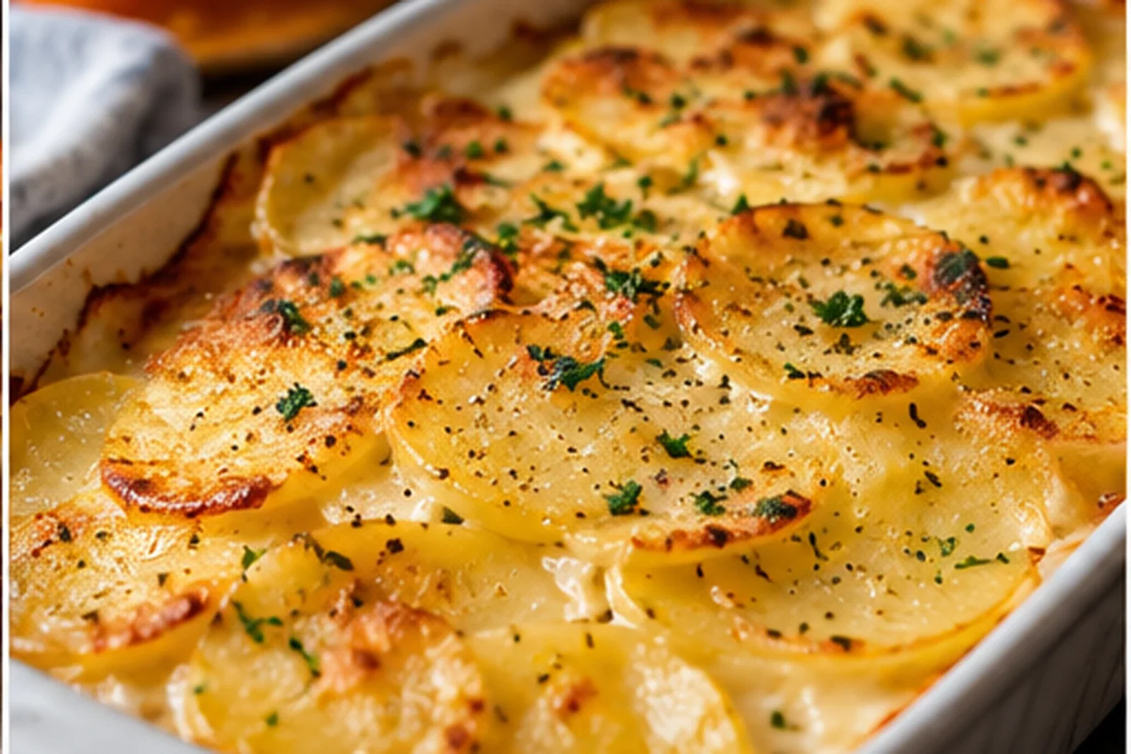Golden scalloped potatoes in creamy sauce with browned cheese
