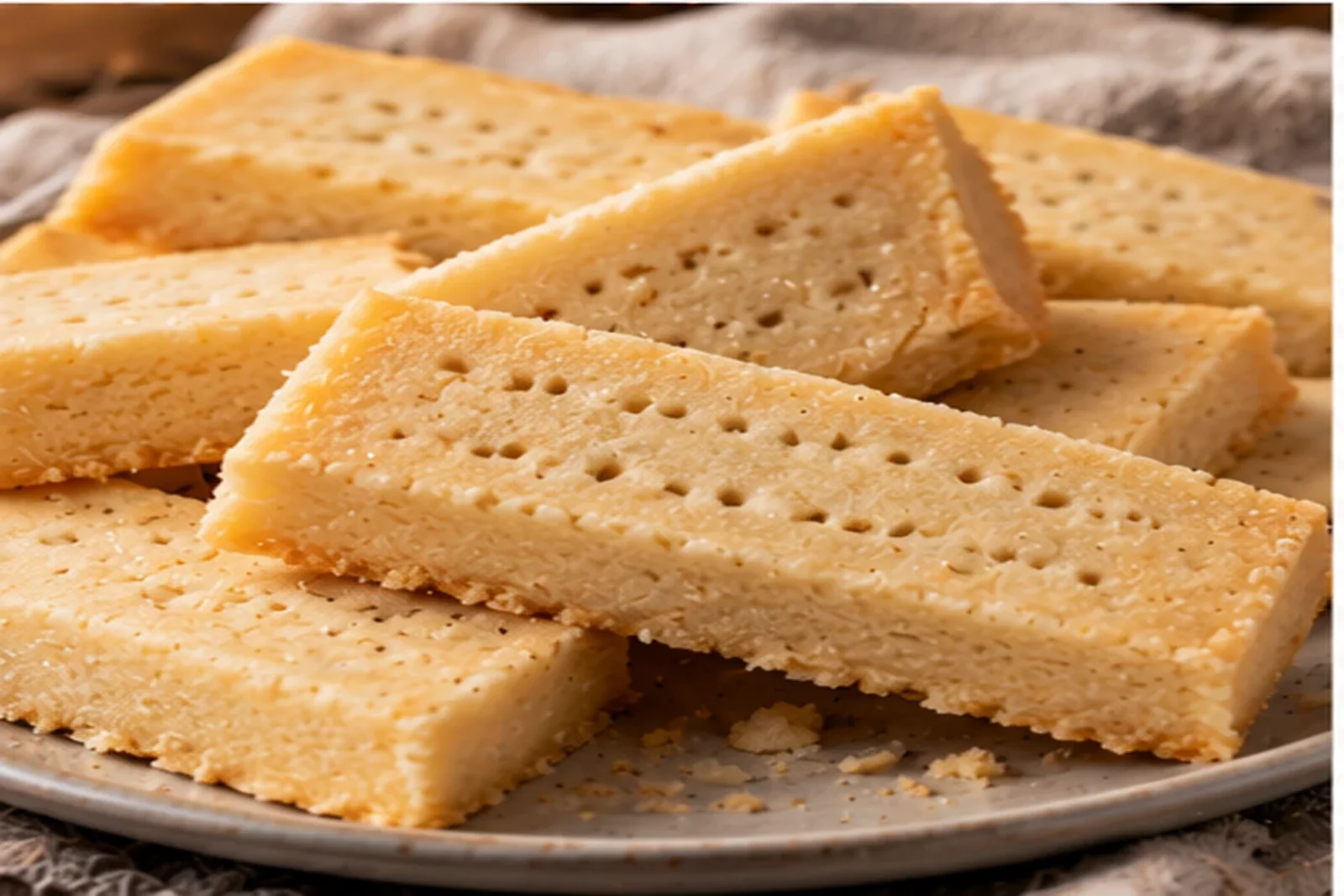 Buttery pale-golden shortbread fingers with fork holes