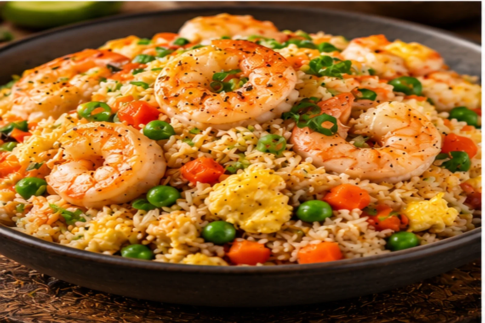 Shrimp fried rice with peas, carrots, egg and scallions