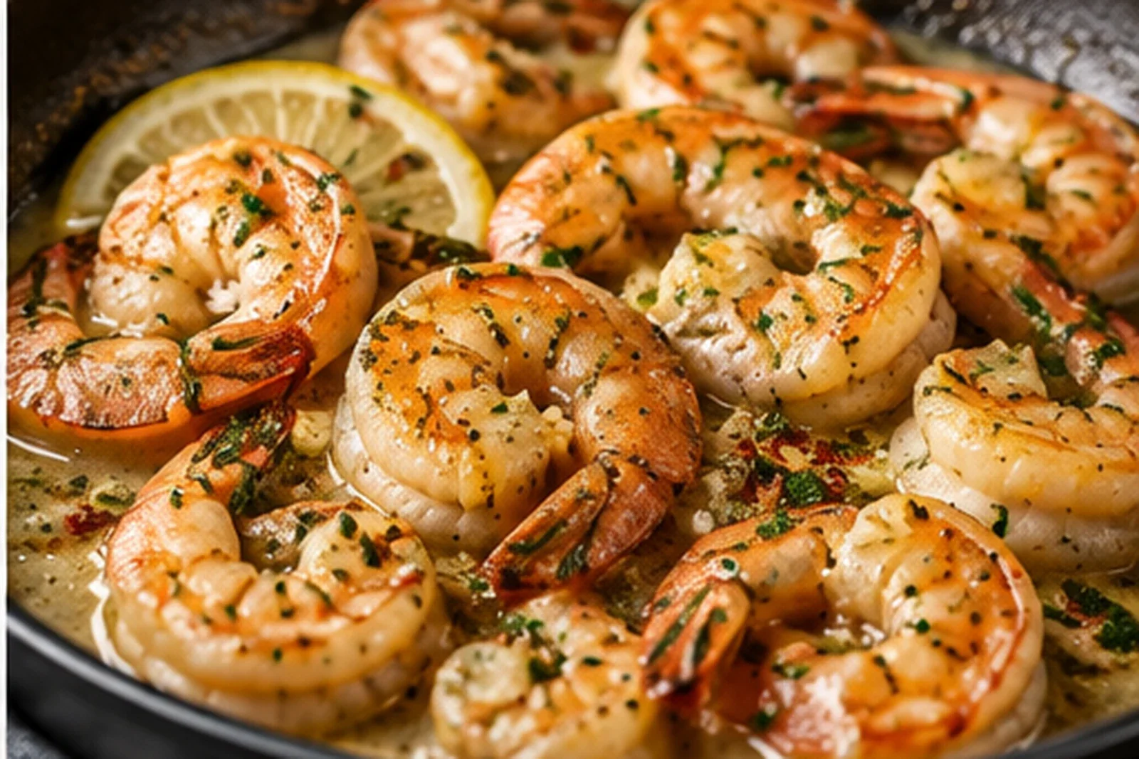 Garlic-butter shrimp scampi in a skillet with lemon and parsley