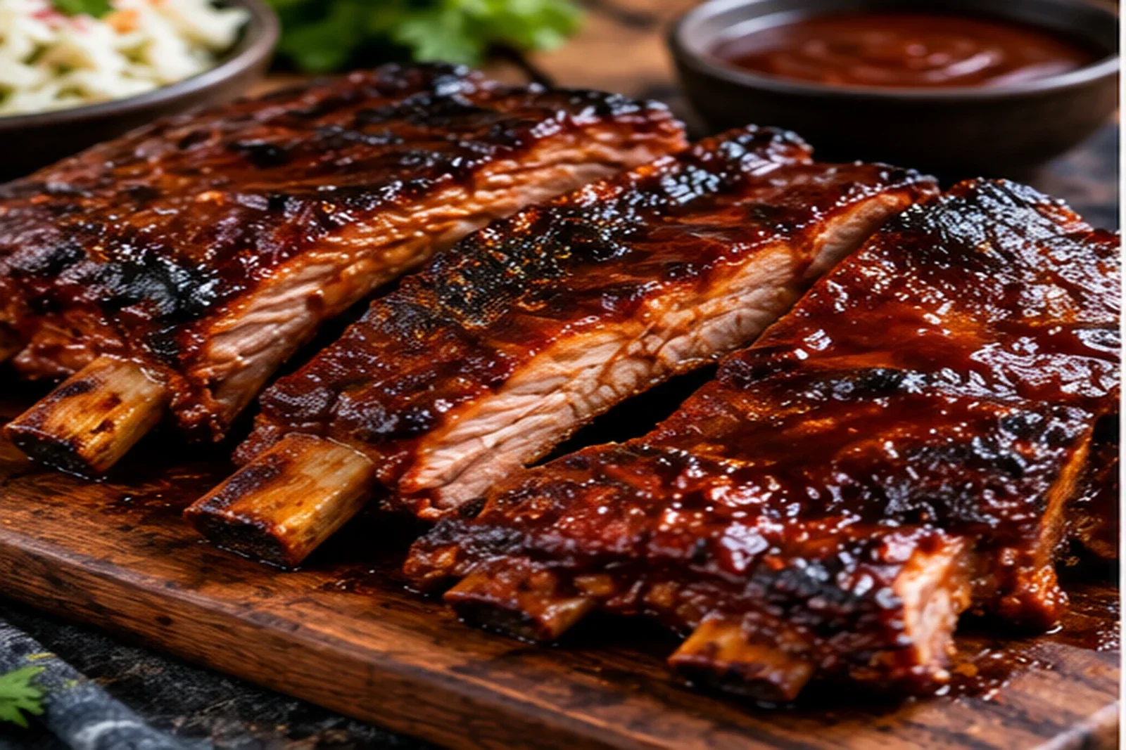 Sticky barbecue ribs with deep char, glossy sauce and tender meat
