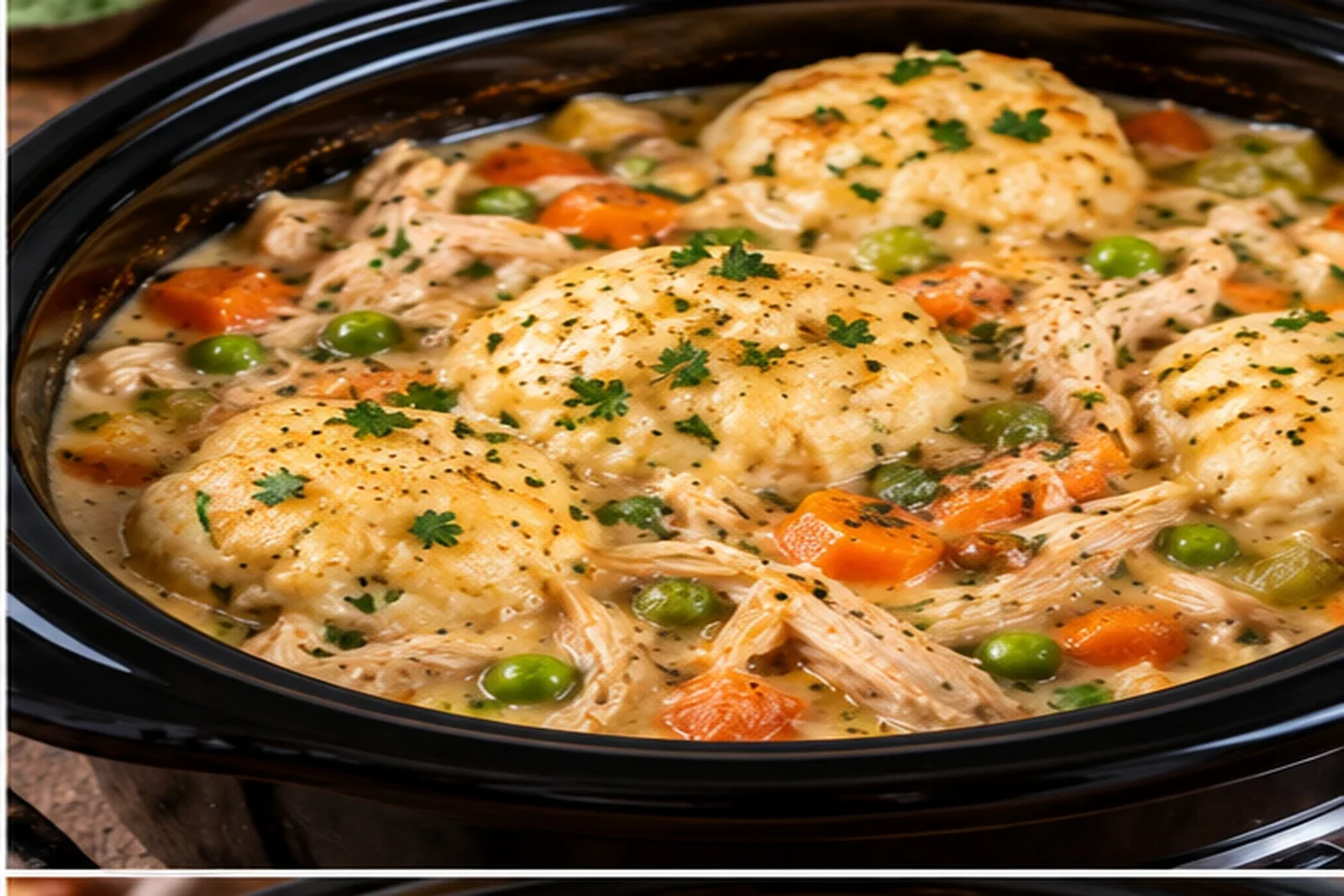 Creamy slow cooker chicken and dumplings with carrots, peas and tender dumplings